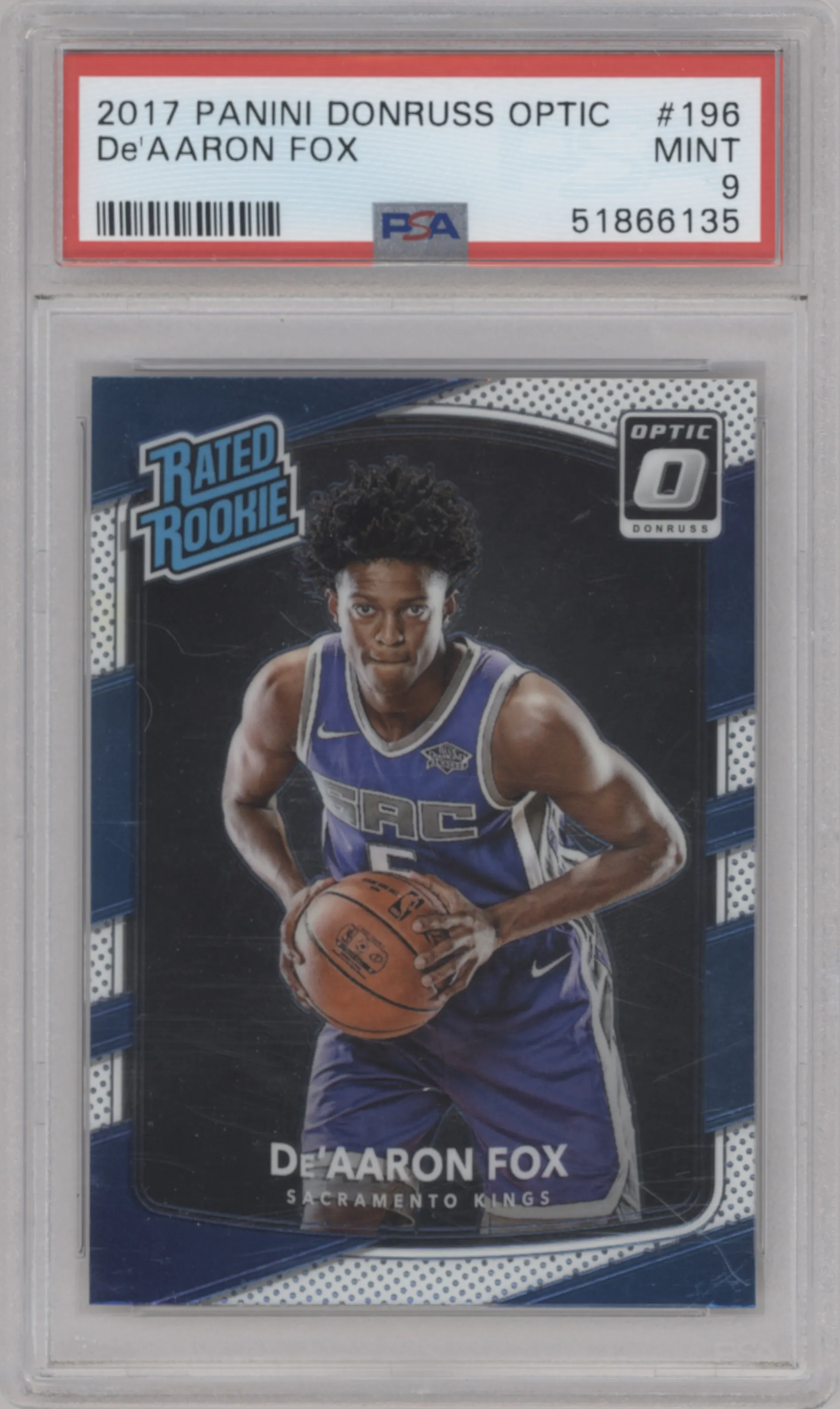 De'Aaron Fox from the 2017-18 Panini Donruss Optic set graded by PSA and given an overall grade of 9.