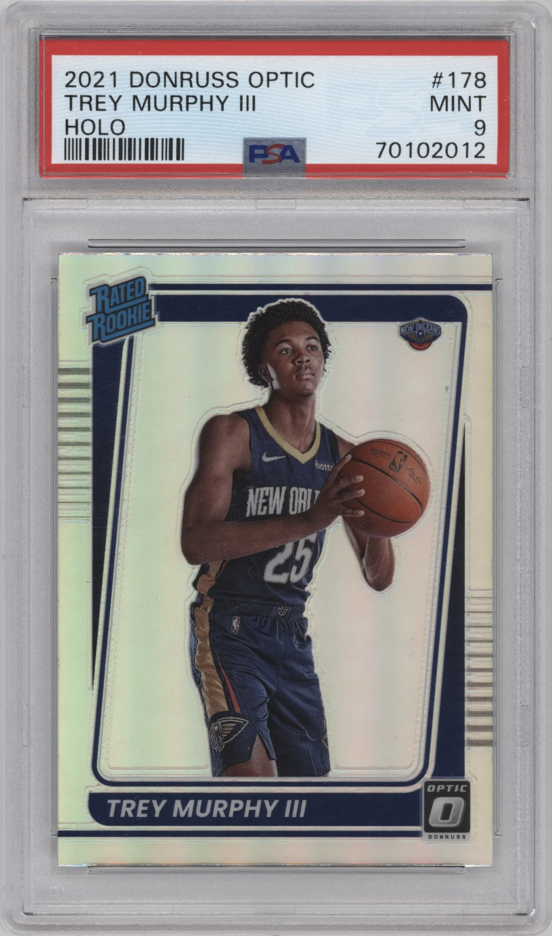 Trey Murphy III from the 2021-22 Panini Donruss Optic set featuring a Holo parallel graded by PSA and given an overall grade of 9.
