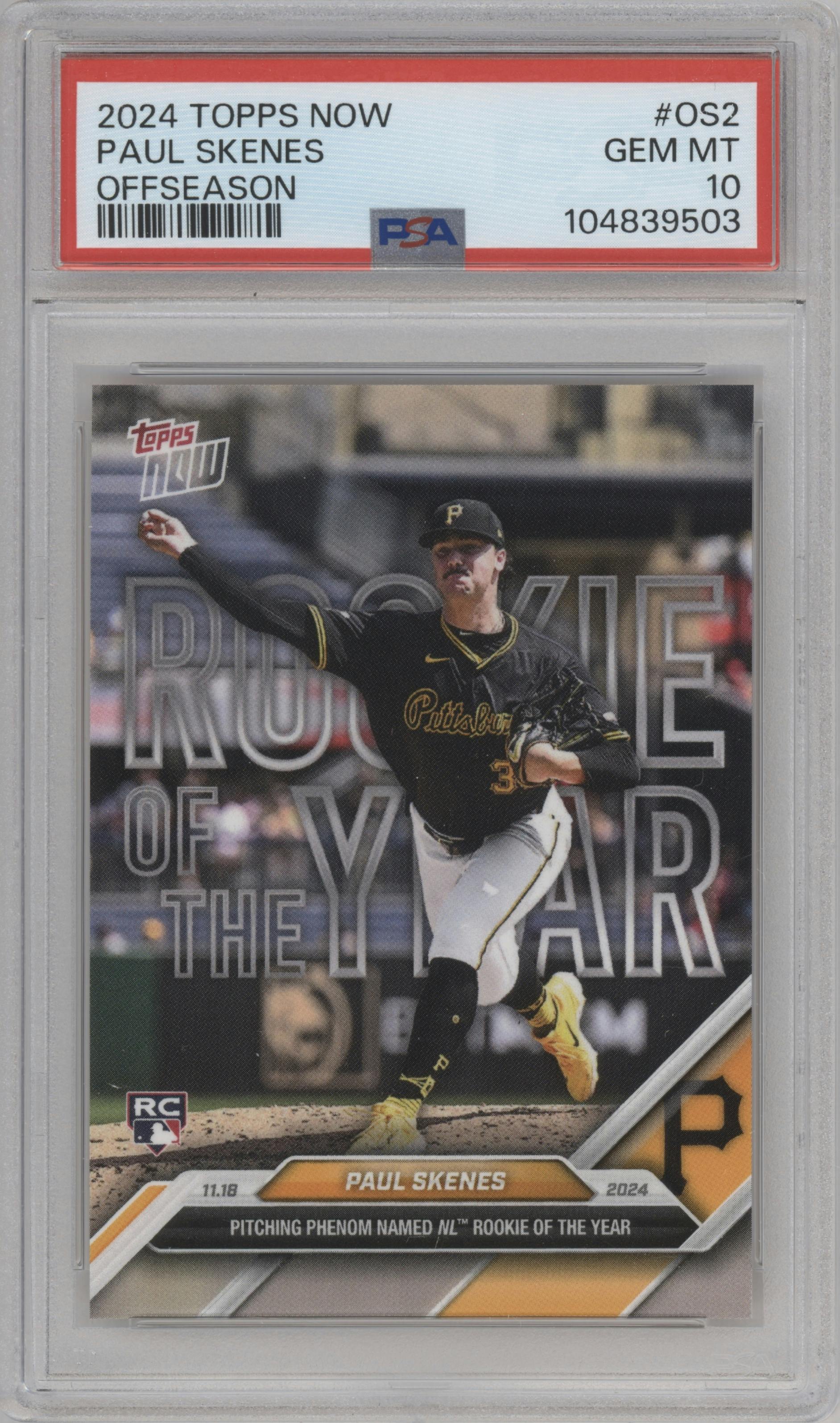Paul Skenes from the 2024-25 Topps Now Off-Season set graded by PSA and given an overall grade of 10.
