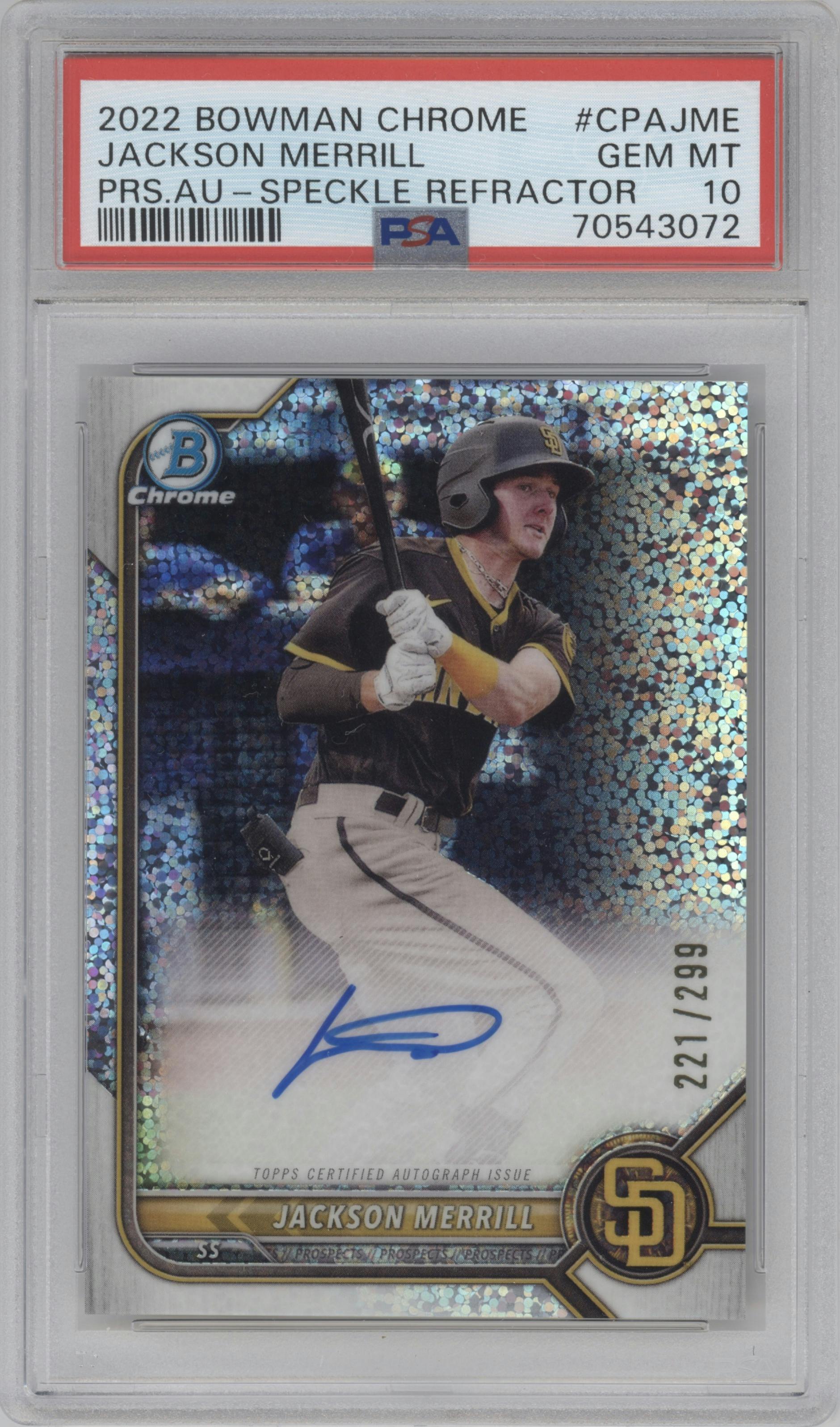 Jackson Merrill from the 2022 Bowman Chrome set featuring a Speckle Refractor parallel graded by PSA and given an overall grade of 10.