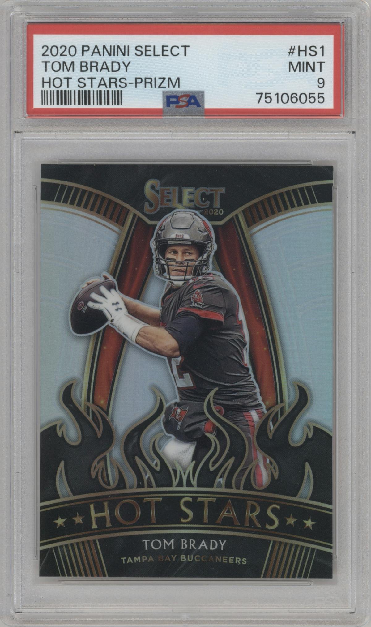 Tom Brady from the 2020 Panini Select set graded by PSA and given an overall grade of 9.