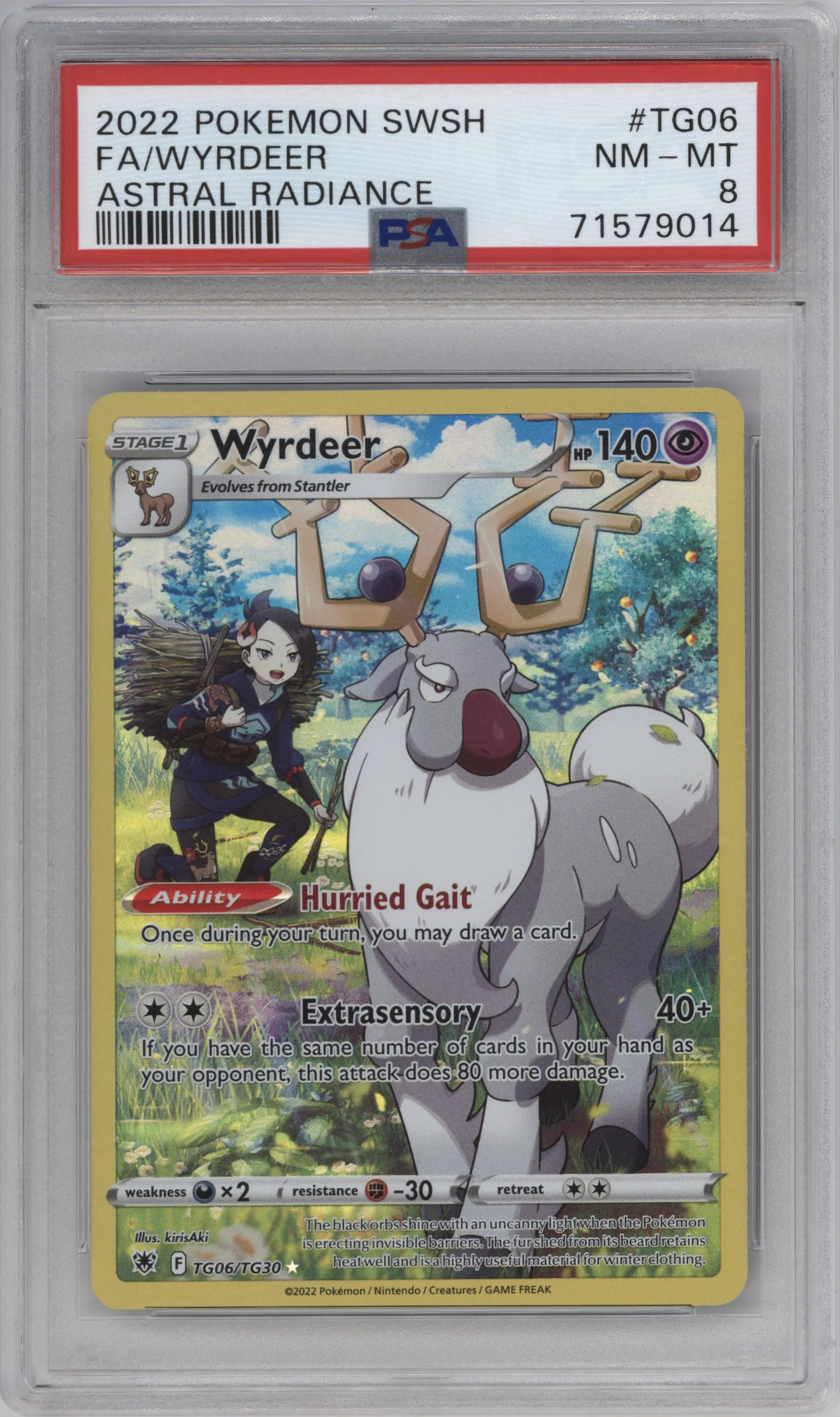 Wyrdeer from the 2022 Pokemon SWSH set graded by PSA and given an overall grade of 8.