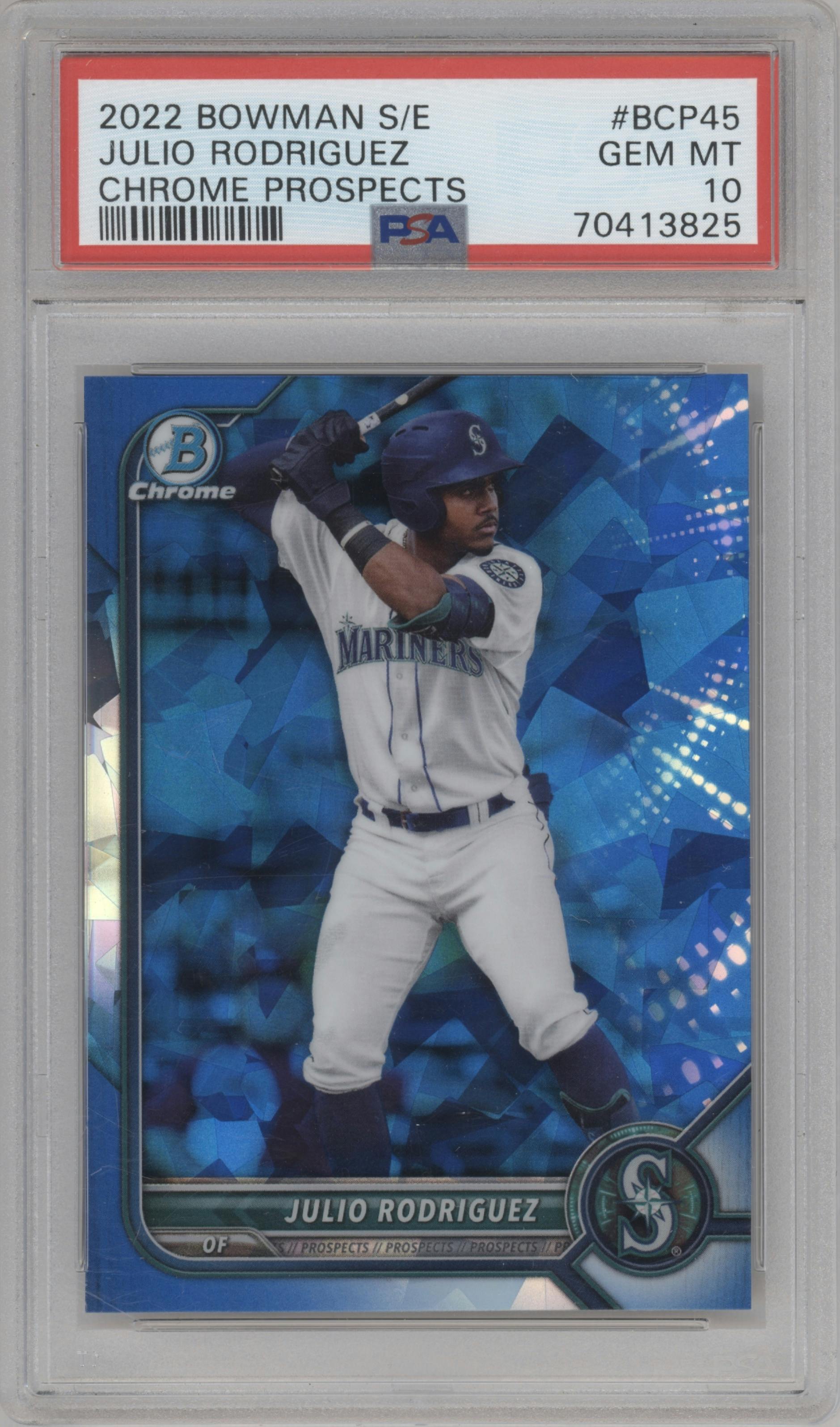 Julio Rodriguez from the 2022 Bowman Sapphire Edition set graded by PSA and given an overall grade of 10.