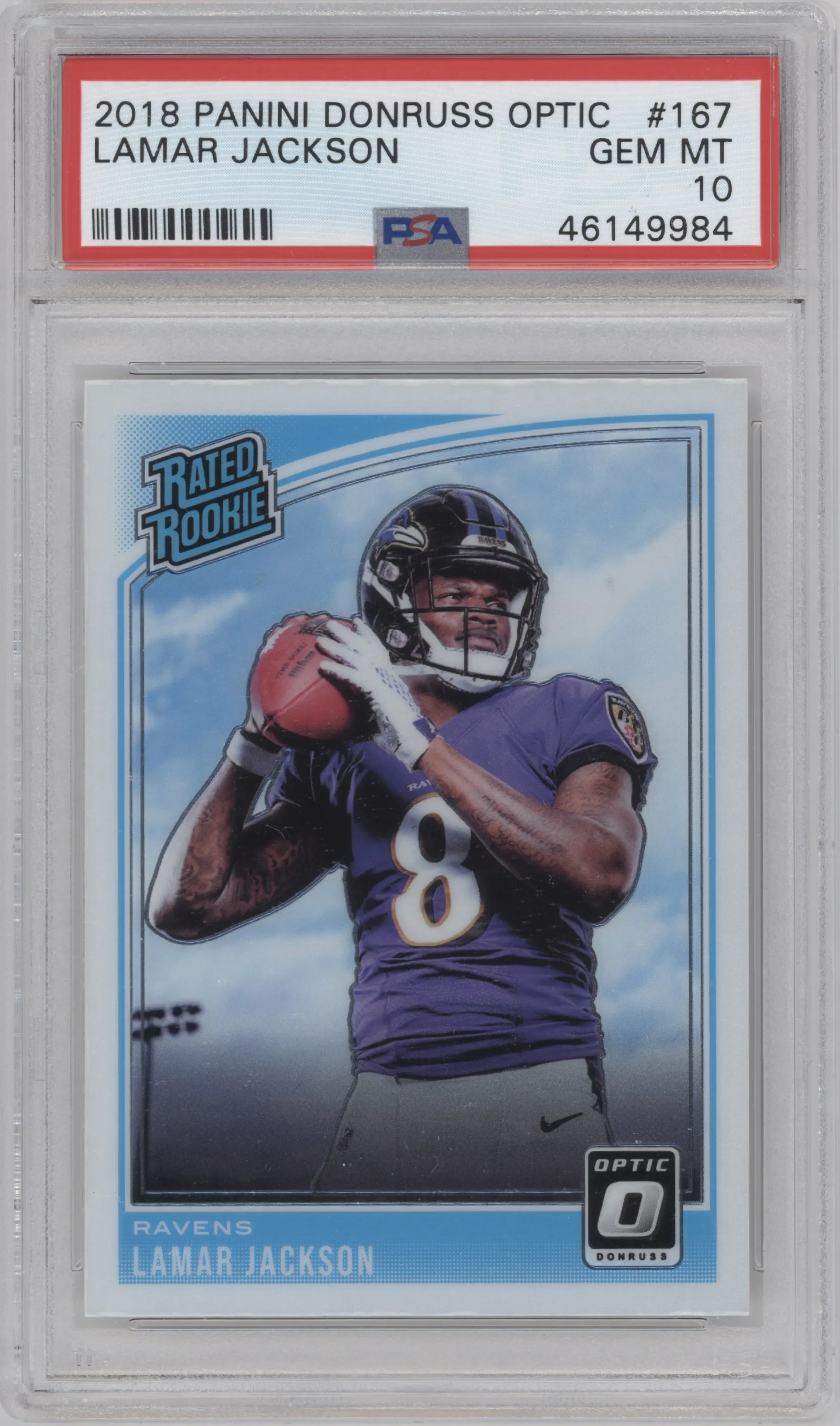 Lamar Jackson from the 2018 Panini Donruss Optic set graded by PSA and given an overall grade of 10.