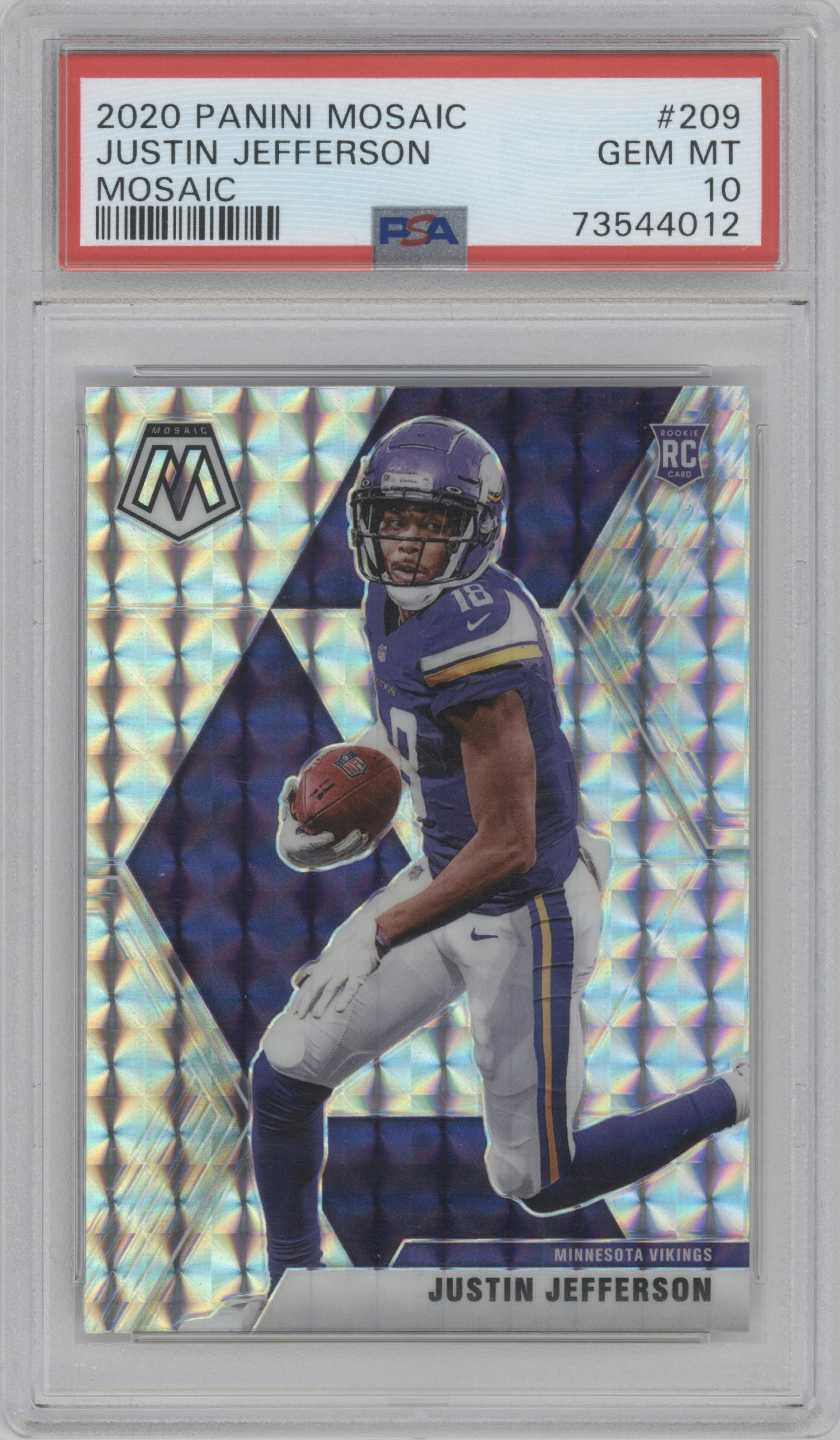 Justin Jefferson from the 2020 Panini Mosaic set featuring a Mosaic parallel graded by PSA and given an overall grade of 10.