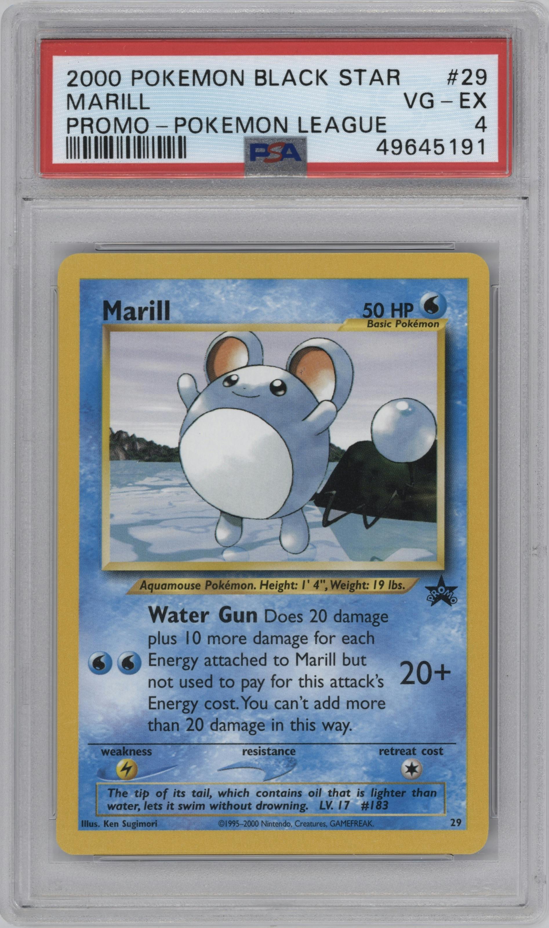 Marill from the 2000 Pokemon set featuring a Pokemon League parallel graded by PSA and given an overall grade of 4.