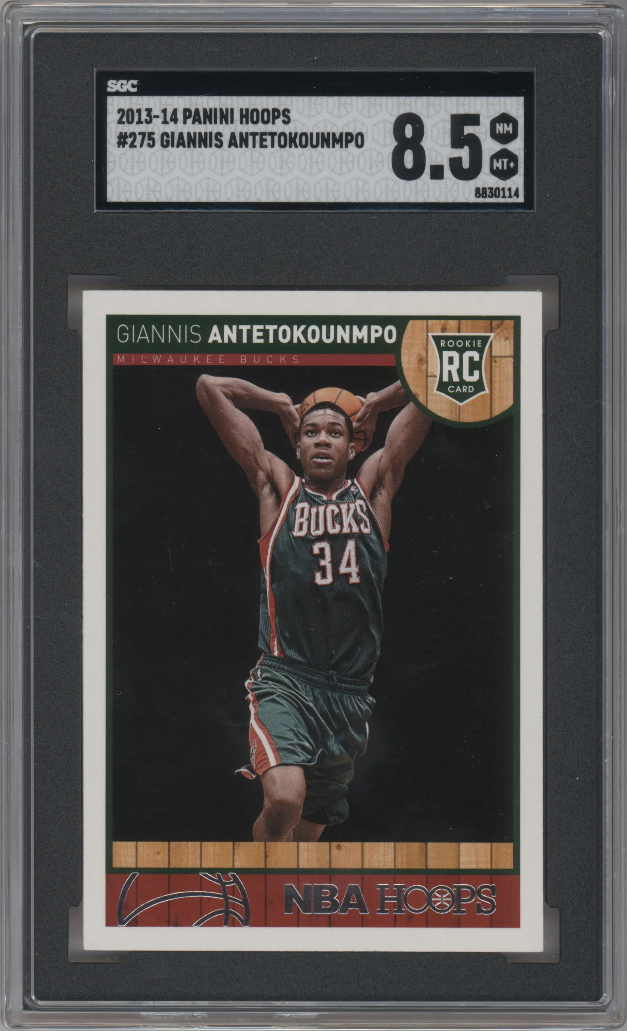 Giannis Antetokounmpo from the 2013-14 Panini NBA Hoops set graded by SGC and given an overall grade of 8.5.