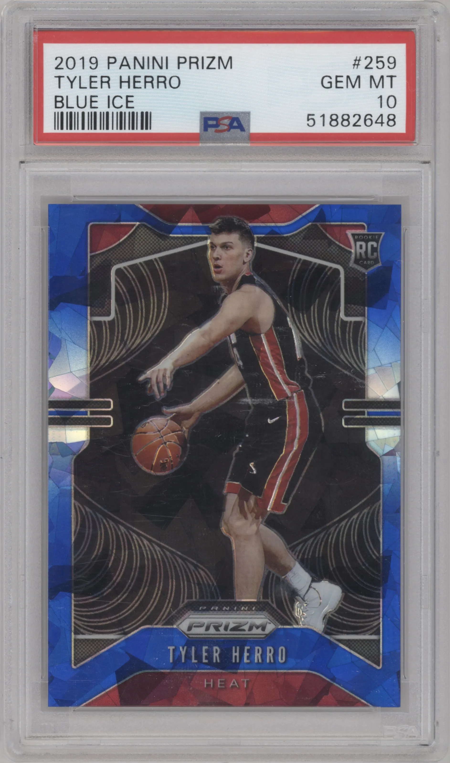 Tyler Herro from the 2019-20 Panini Prizm set featuring a Blue Ice parallel graded by PSA and given an overall grade of 10.