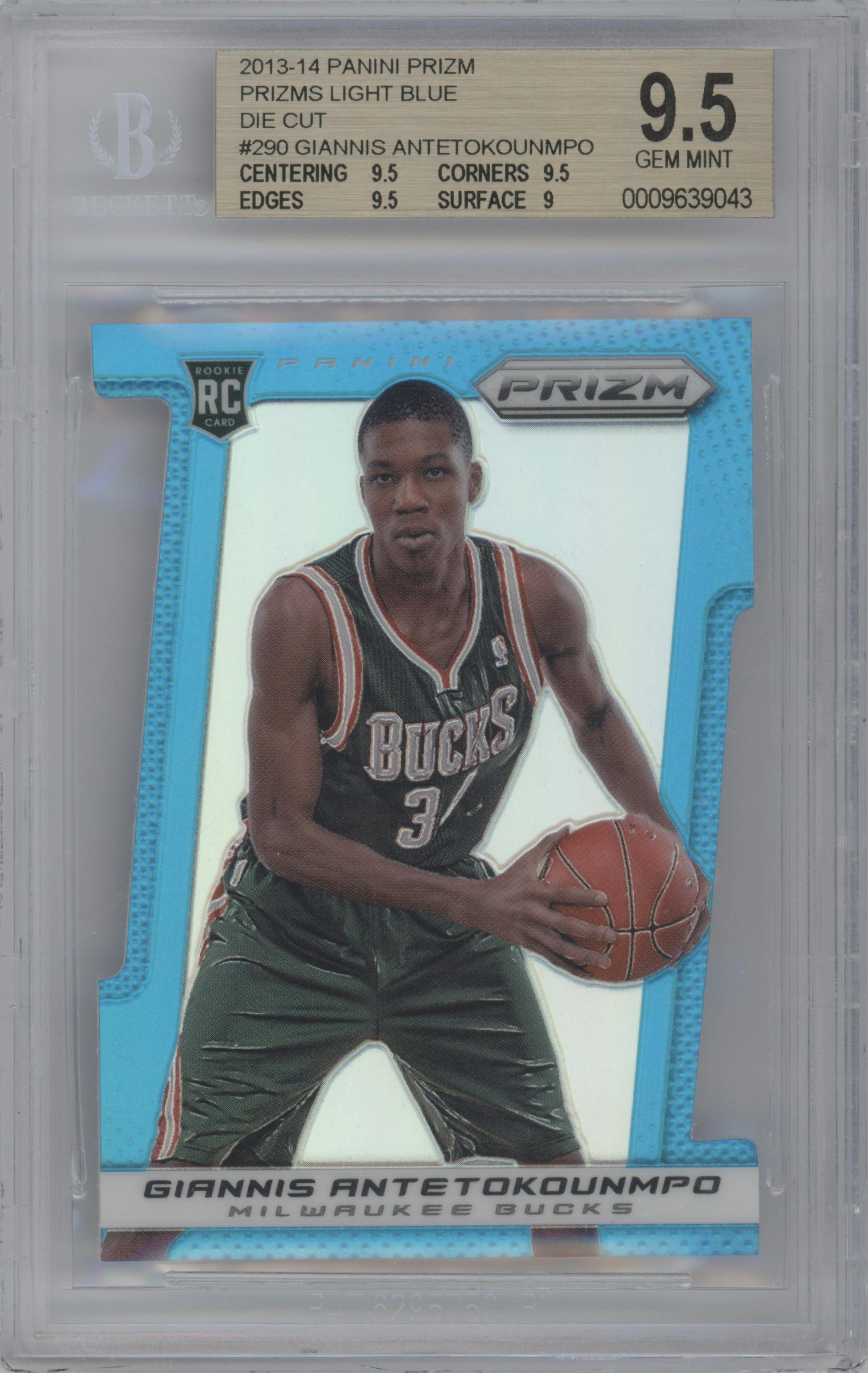 Giannis Antetokounmpo from the 2013-14 Panini Prizm set featuring a Die-Cut Light Blue  parallel graded by Beckett and given an overall grade of 9.5.
