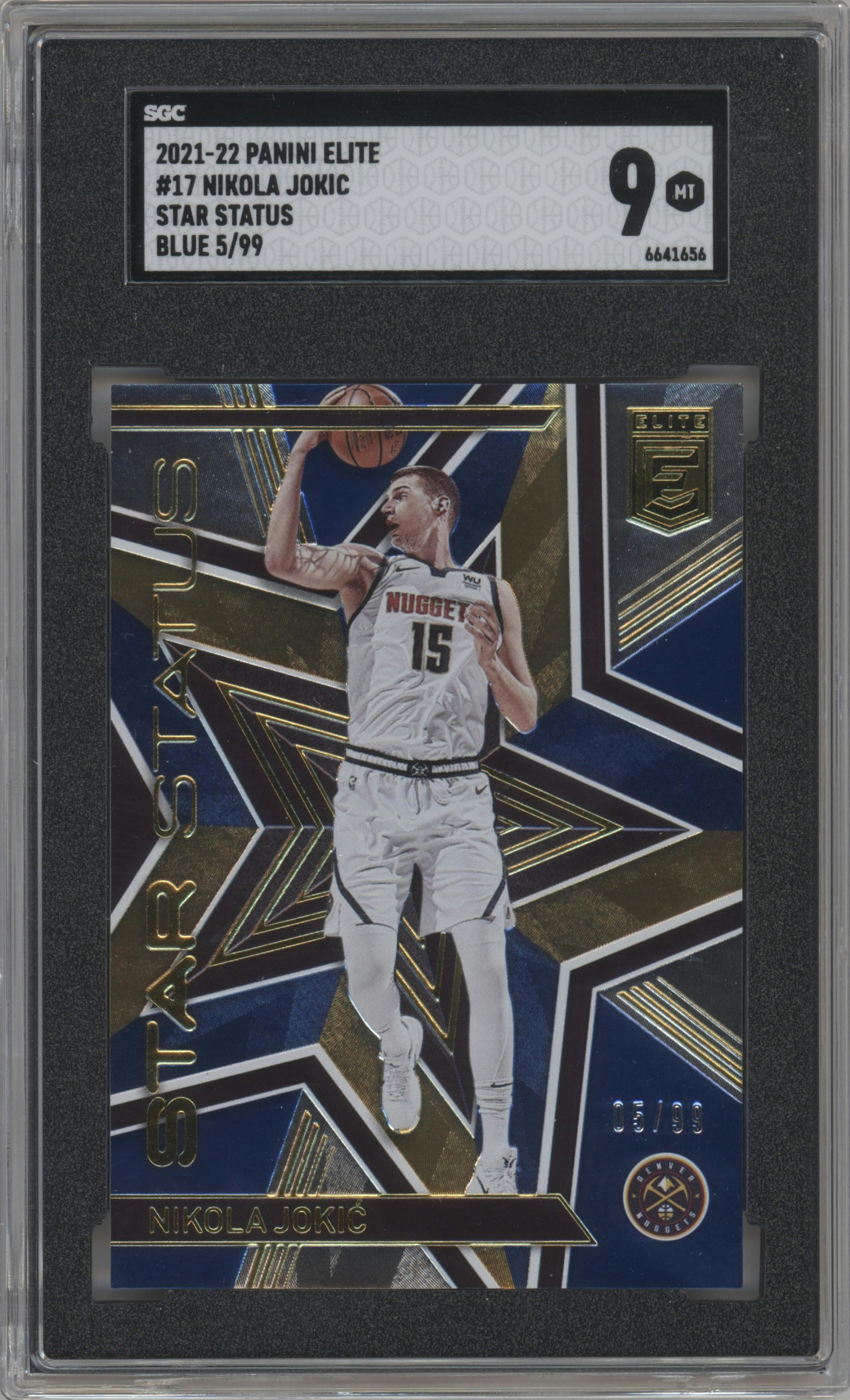Nikola Jokic from the 2021-22 Panini Donruss Elite  set featuring a Blue parallel graded by SGC and given an overall grade of 9.