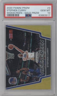 Stephen Curry from the 2020-21 Panini Prizm set featuring a Gold Prizm parallel graded by PSA and given an overall grade of 10.