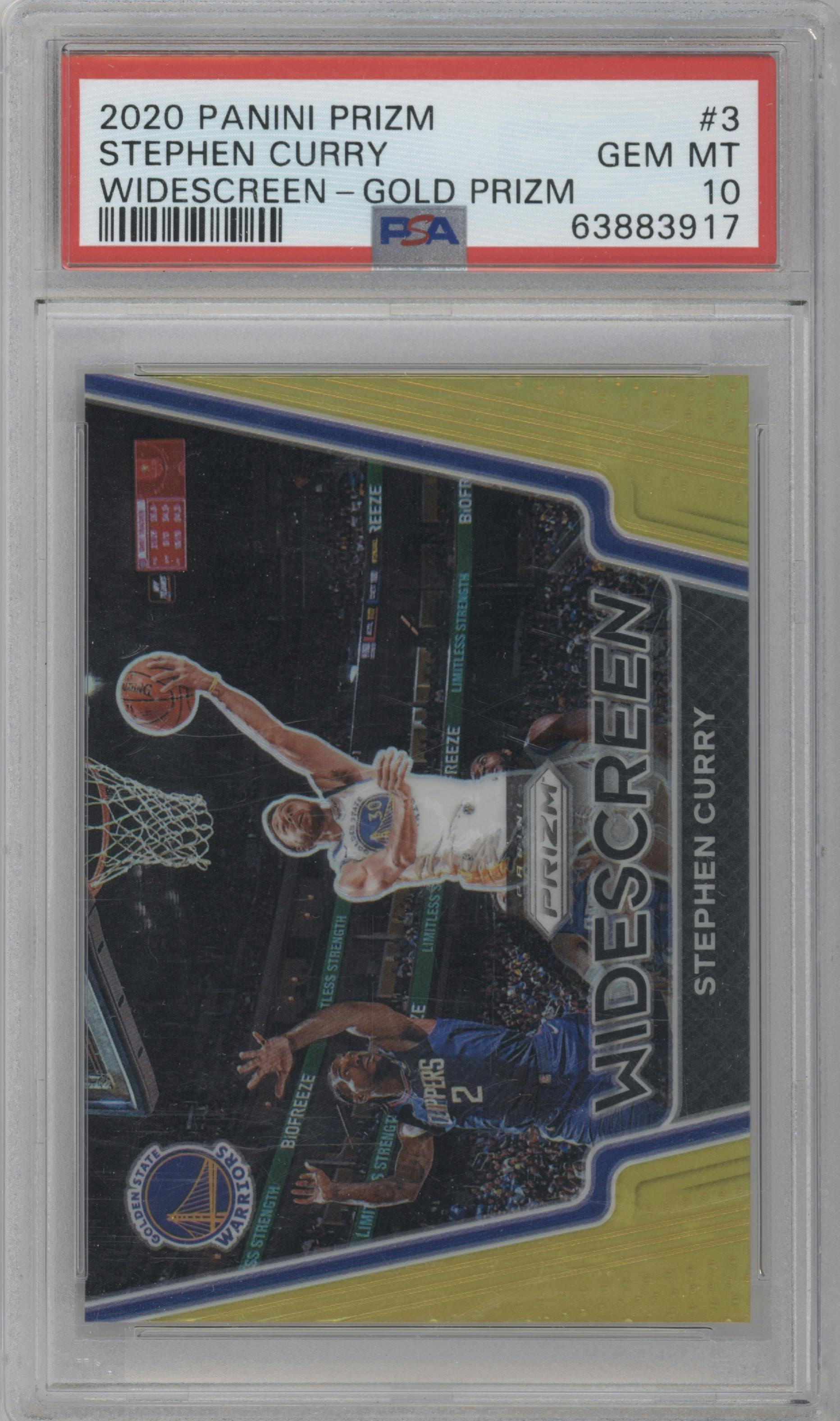 Stephen Curry from the 2020-21 Panini Prizm set featuring a Gold Prizm parallel graded by PSA and given an overall grade of 10.