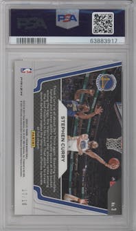 Stephen Curry from the 2020-21 Panini Prizm set featuring a Gold Prizm parallel graded by PSA and given an overall grade of 10.