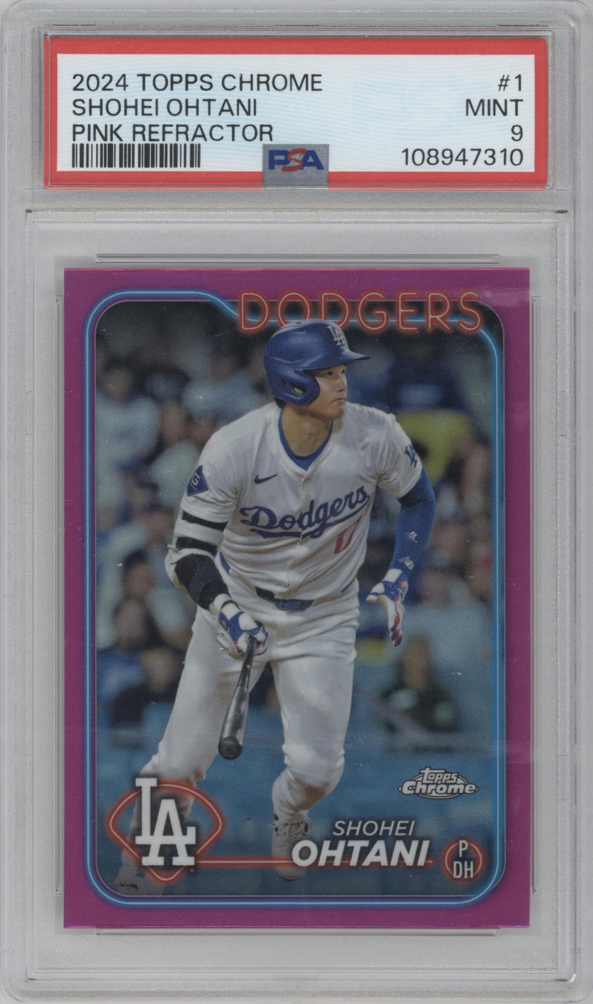 Shohei Ohtani from the 2024 Topps Chrome set featuring a Pink Refractor parallel graded by PSA and given an overall grade of 9.