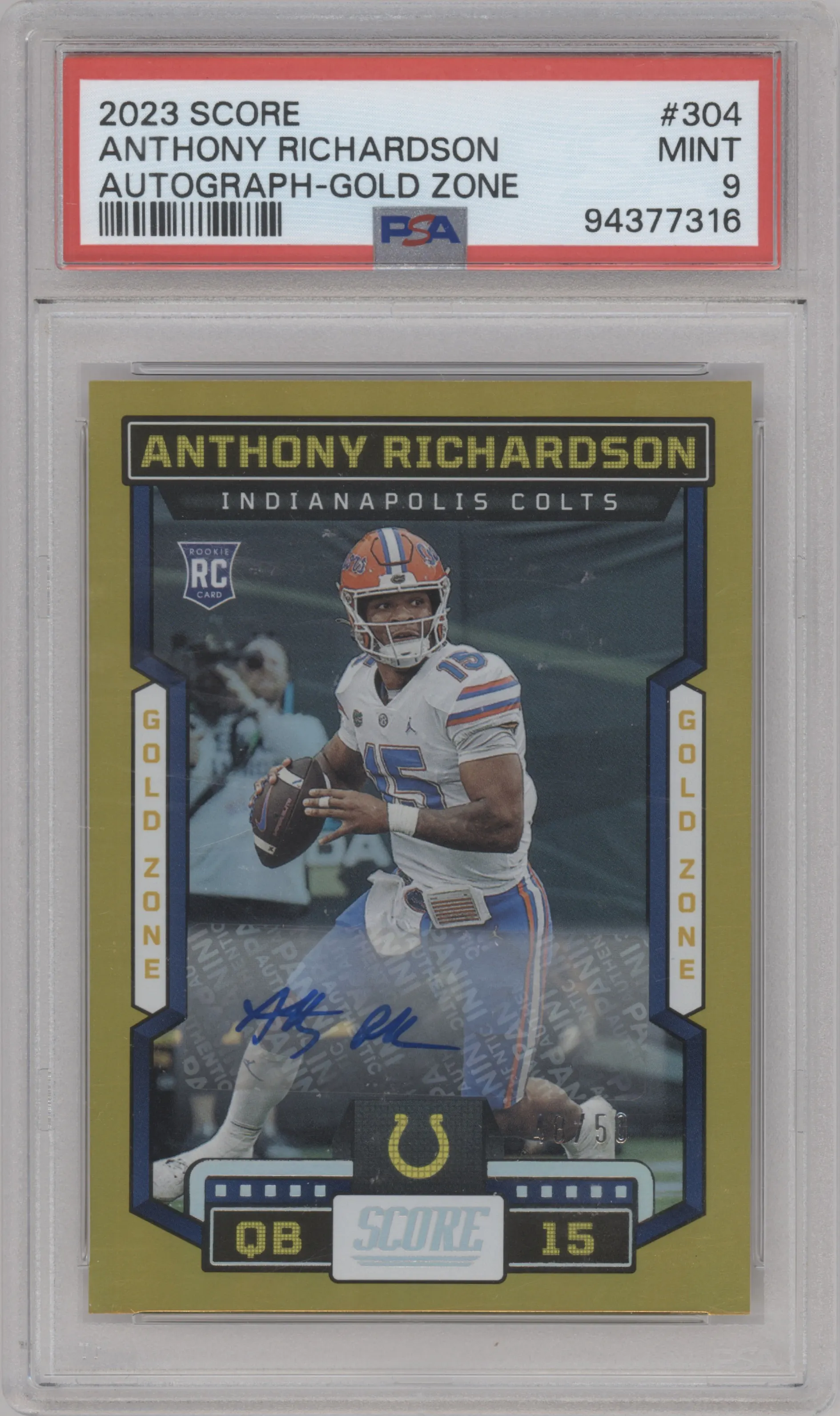 2023 Panini Score Rke.Auto Anthony Richardson Gold Zone #304 PSA 9
