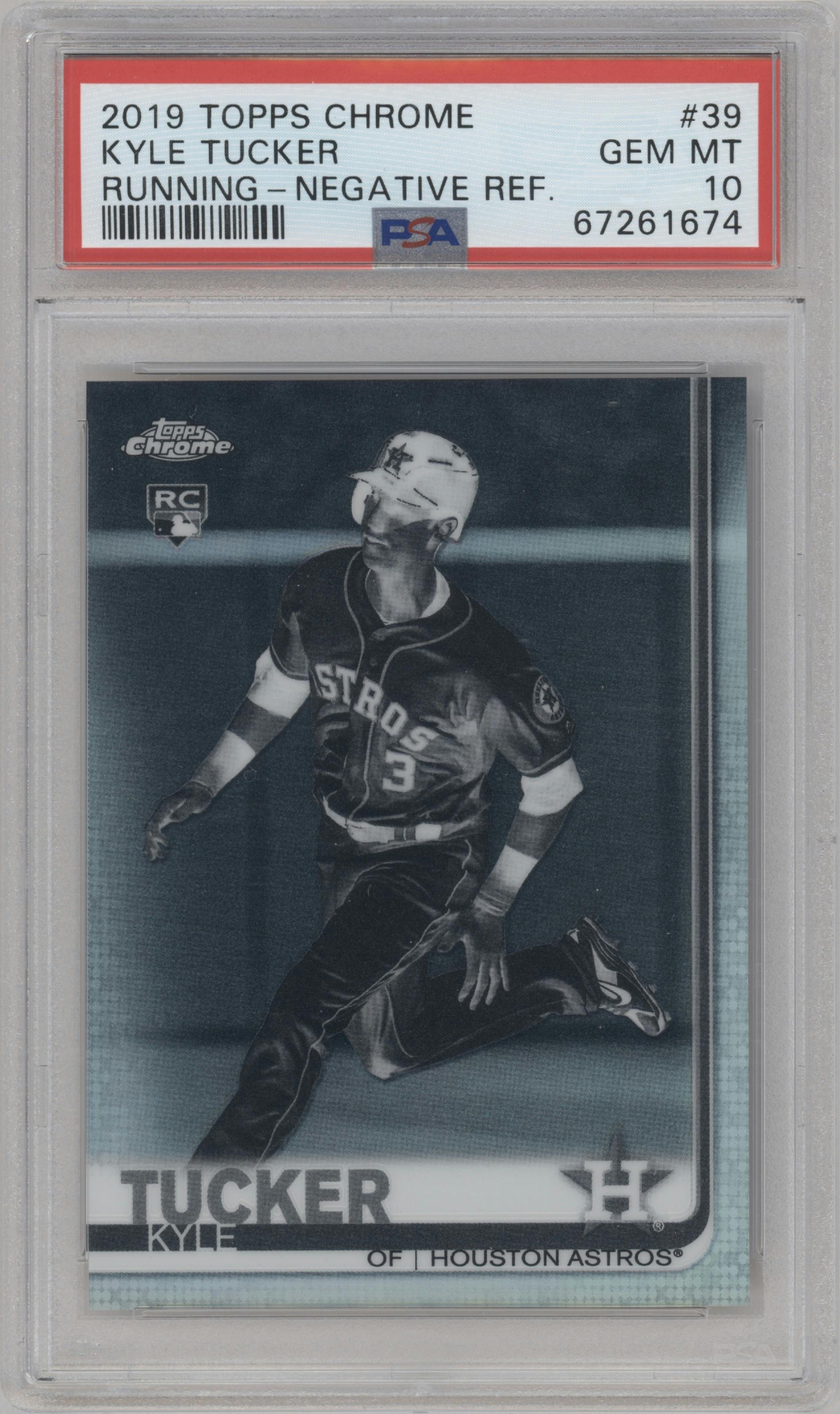 Kyle Tucker from the 2019 Topps Chrome set featuring a Negative Refractor parallel graded by PSA and given an overall grade of 10.