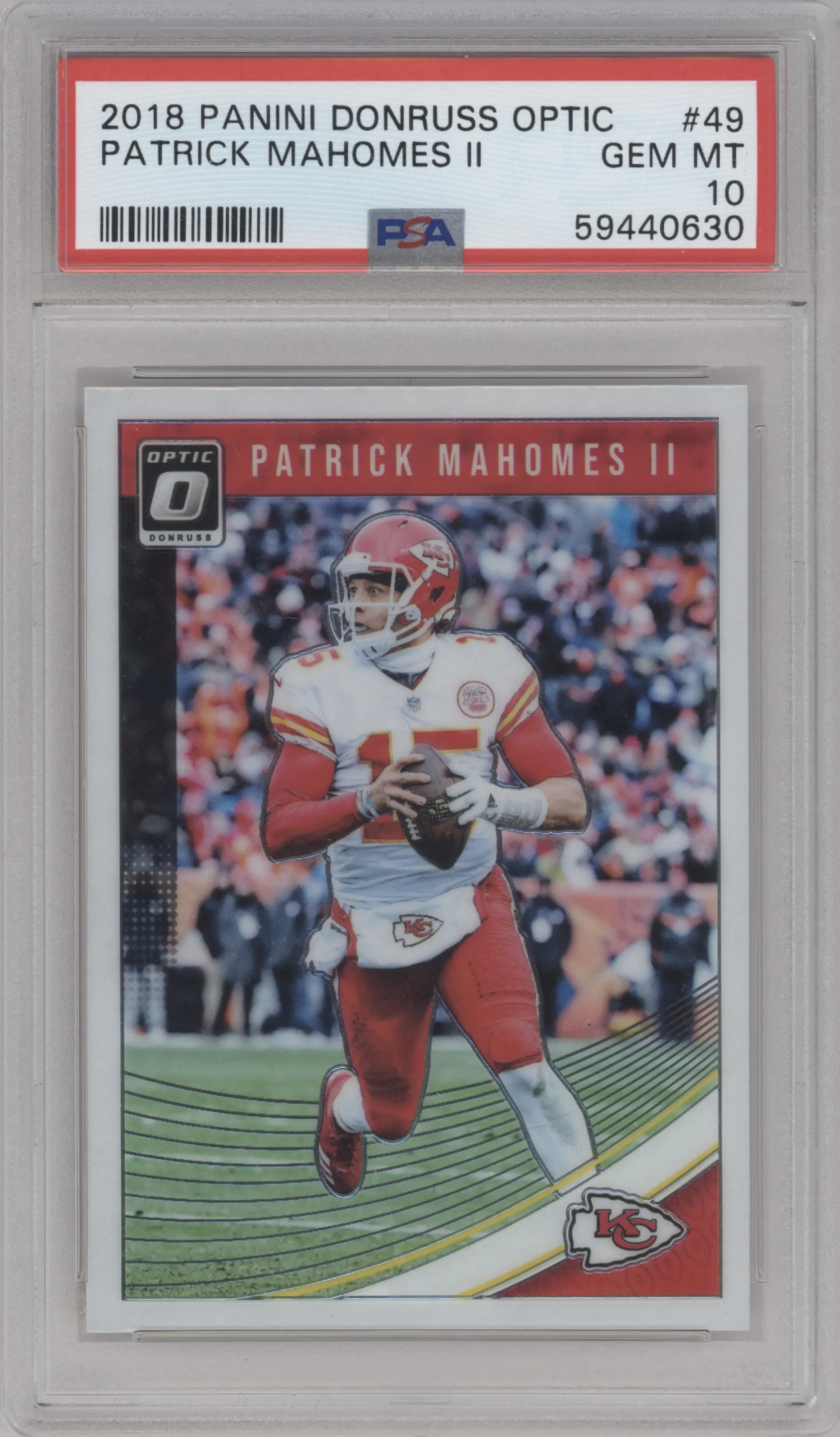 Patrick Mahomes II from the 2018 Panini Donruss Optic set graded by PSA and given an overall grade of 10.