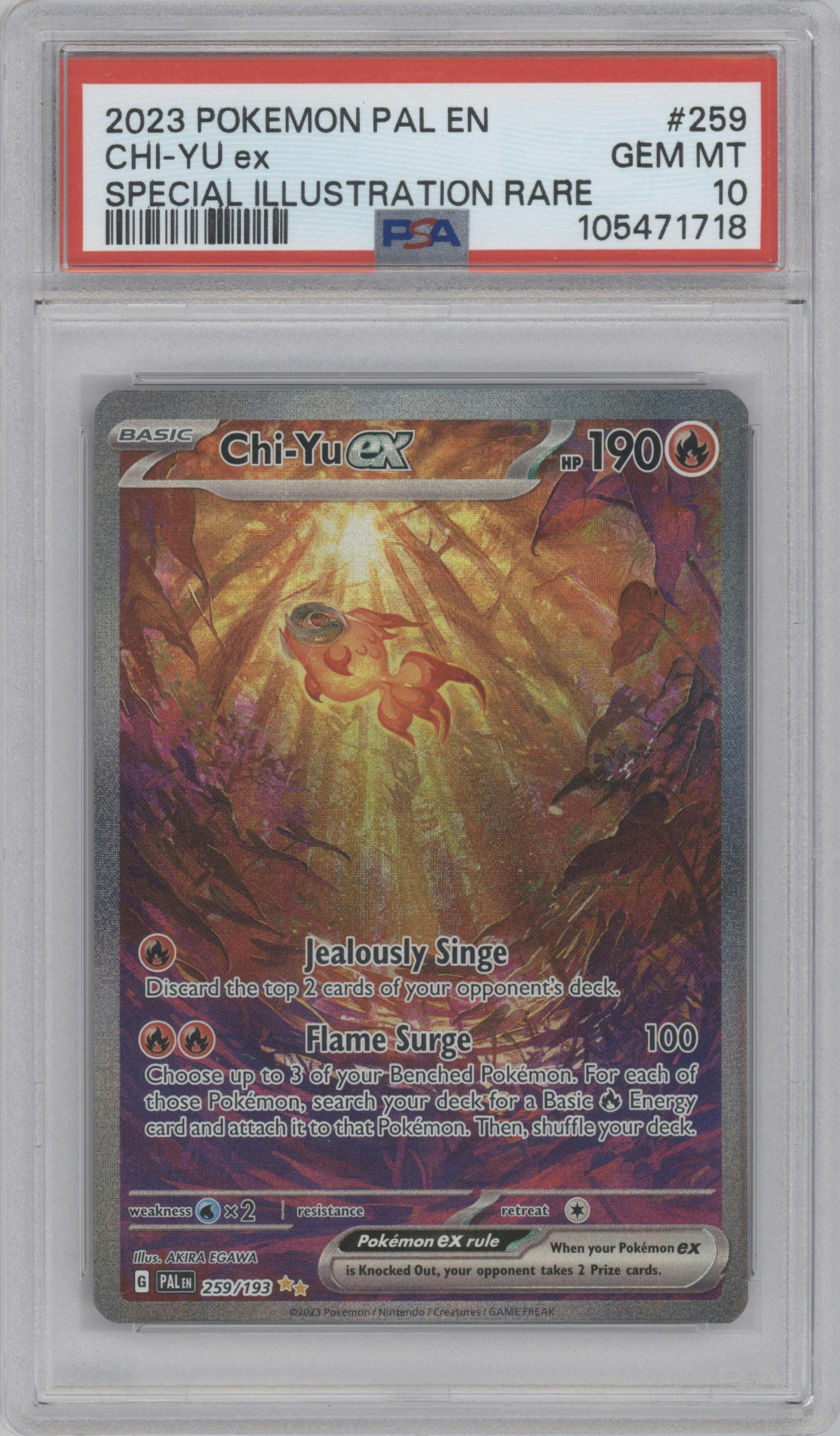 Chi-Yu ex from the 2023 Pokemon SV set graded by PSA and given an overall grade of 10.