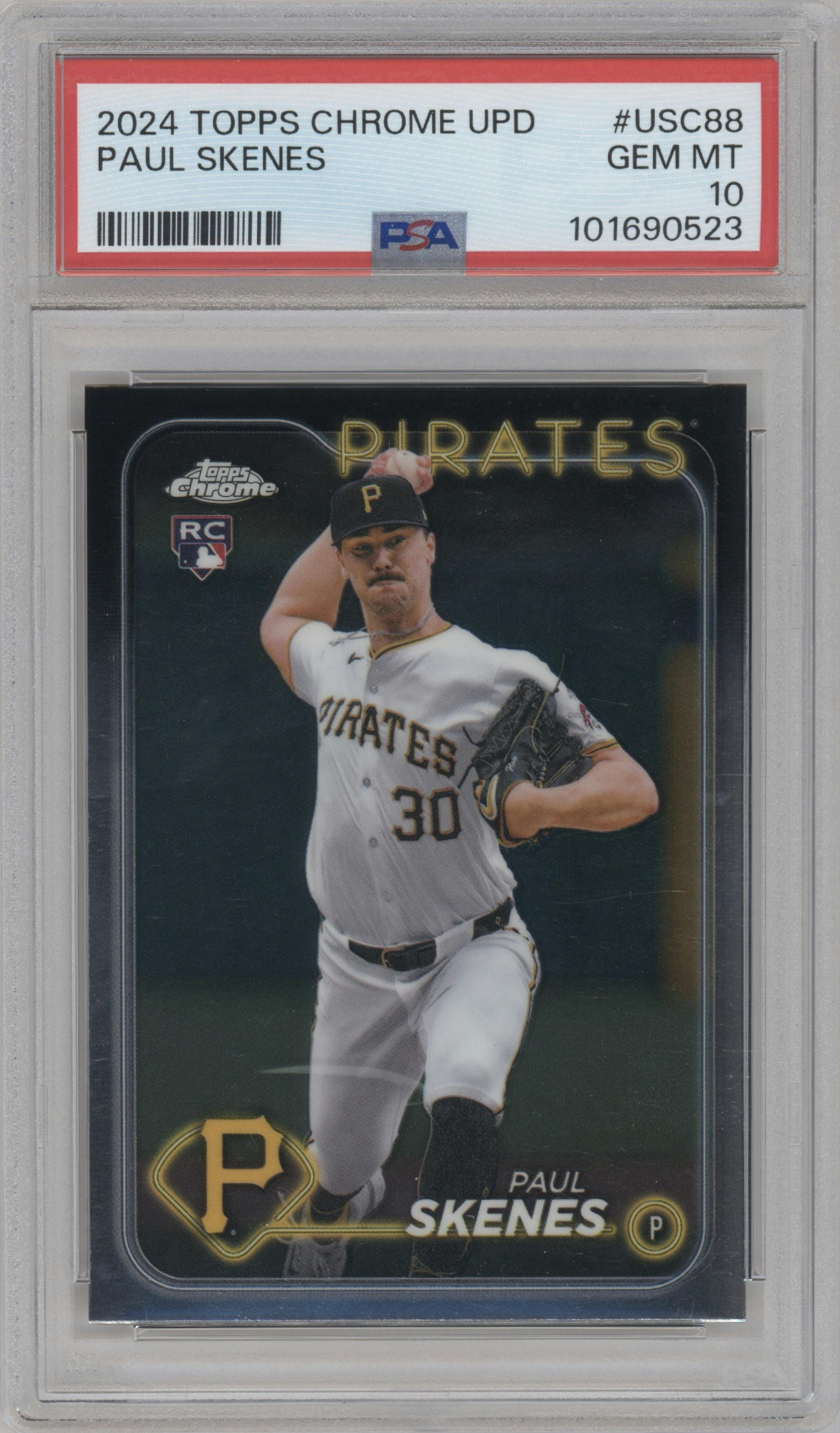 Paul Skenes from the 2024 Topps Chrome Update set graded by PSA and given an overall grade of 10.