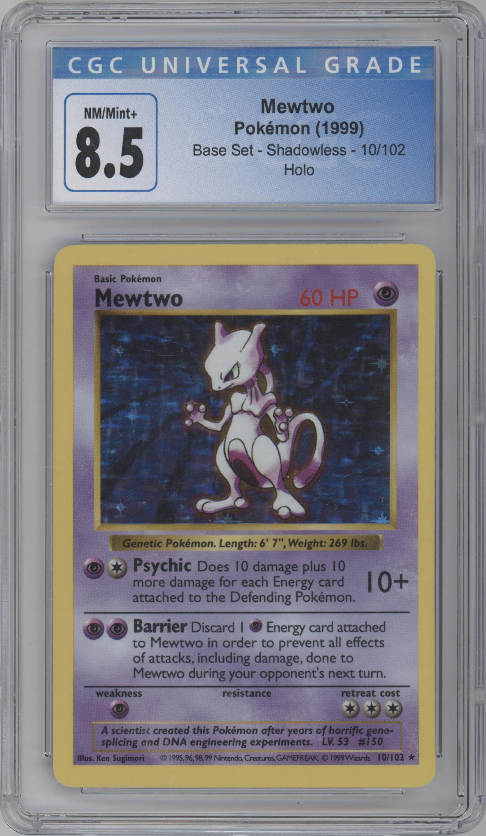 Mewtwo from the 1999 Pokemon set graded by CSG and given an overall grade of 8.5.