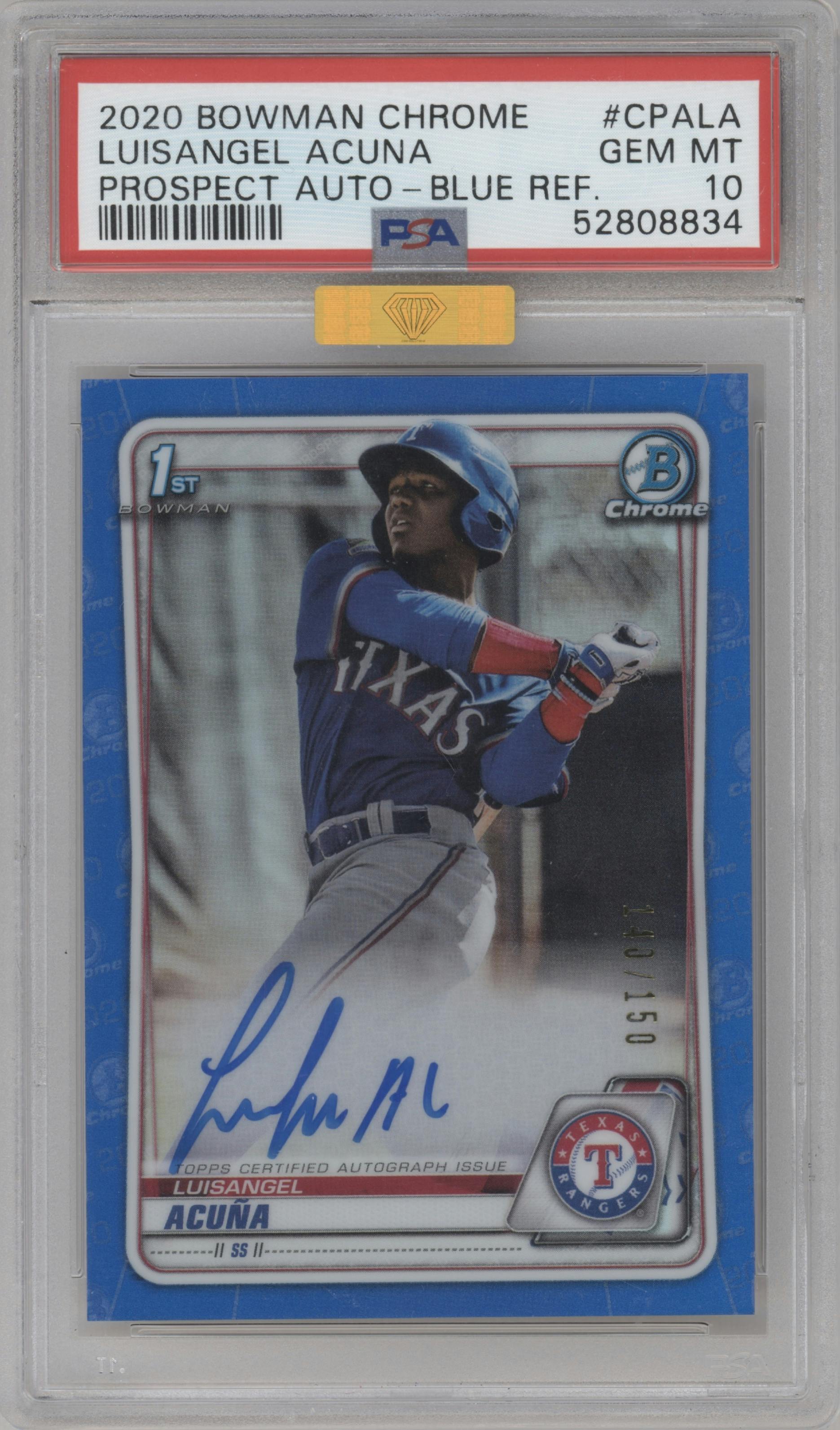 Luisangel Acuna from the 2020 Bowman Chrome set featuring a Blue Refractor parallel graded by PSA and given an overall grade of 10.