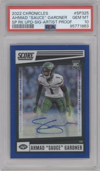 Ahmad 'Sauce' Gardner from the 2022 Panini Chronicles set featuring a Artist Proof parallel graded by PSA and given an overall grade of 10.