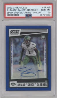 Ahmad 'Sauce' Gardner from the 2022 Panini Chronicles set featuring a Artist Proof parallel graded by PSA and given an overall grade of 10.