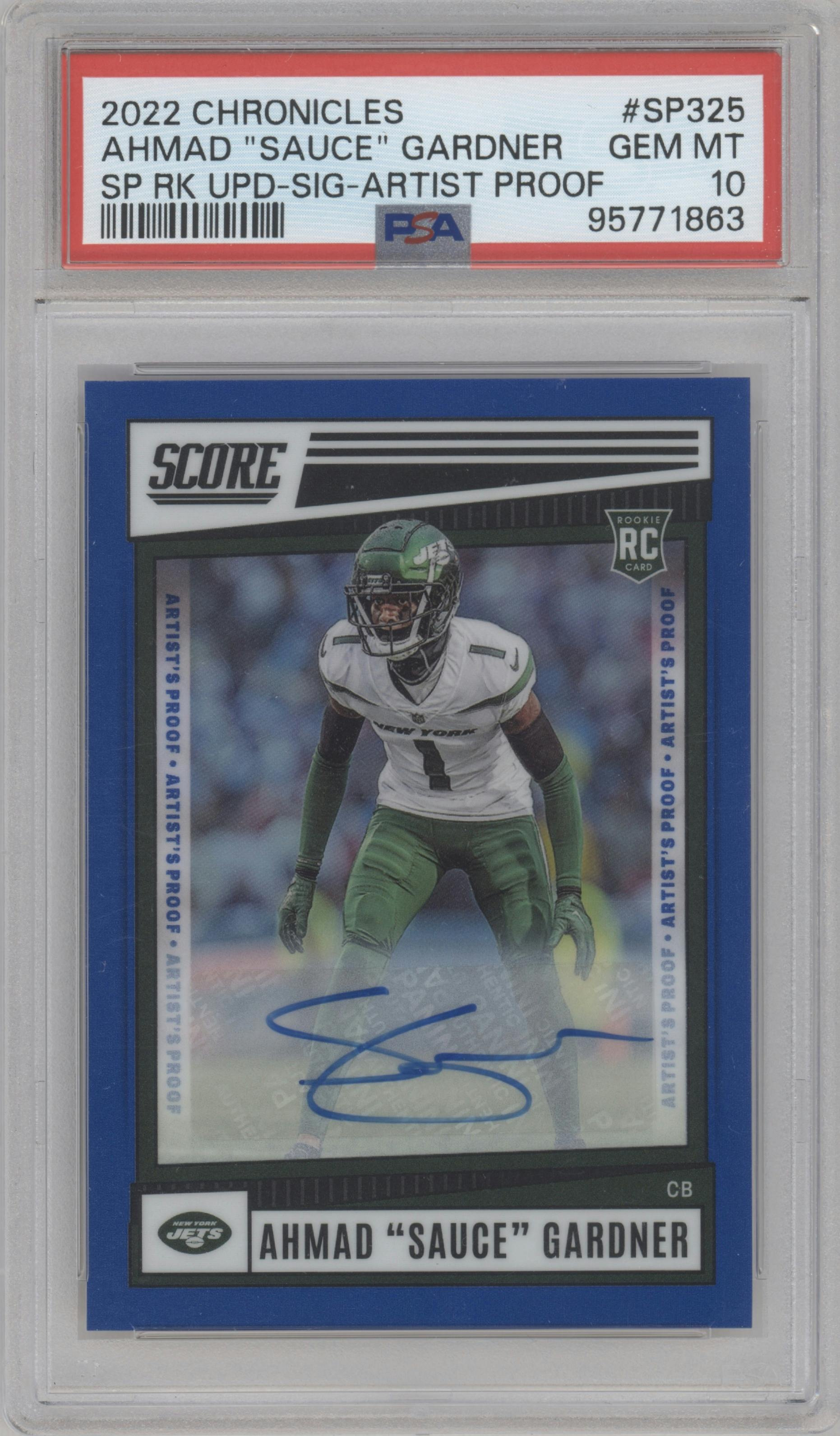 Ahmad 'Sauce' Gardner from the 2022 Panini Chronicles set featuring a Artist Proof parallel graded by PSA and given an overall grade of 10.