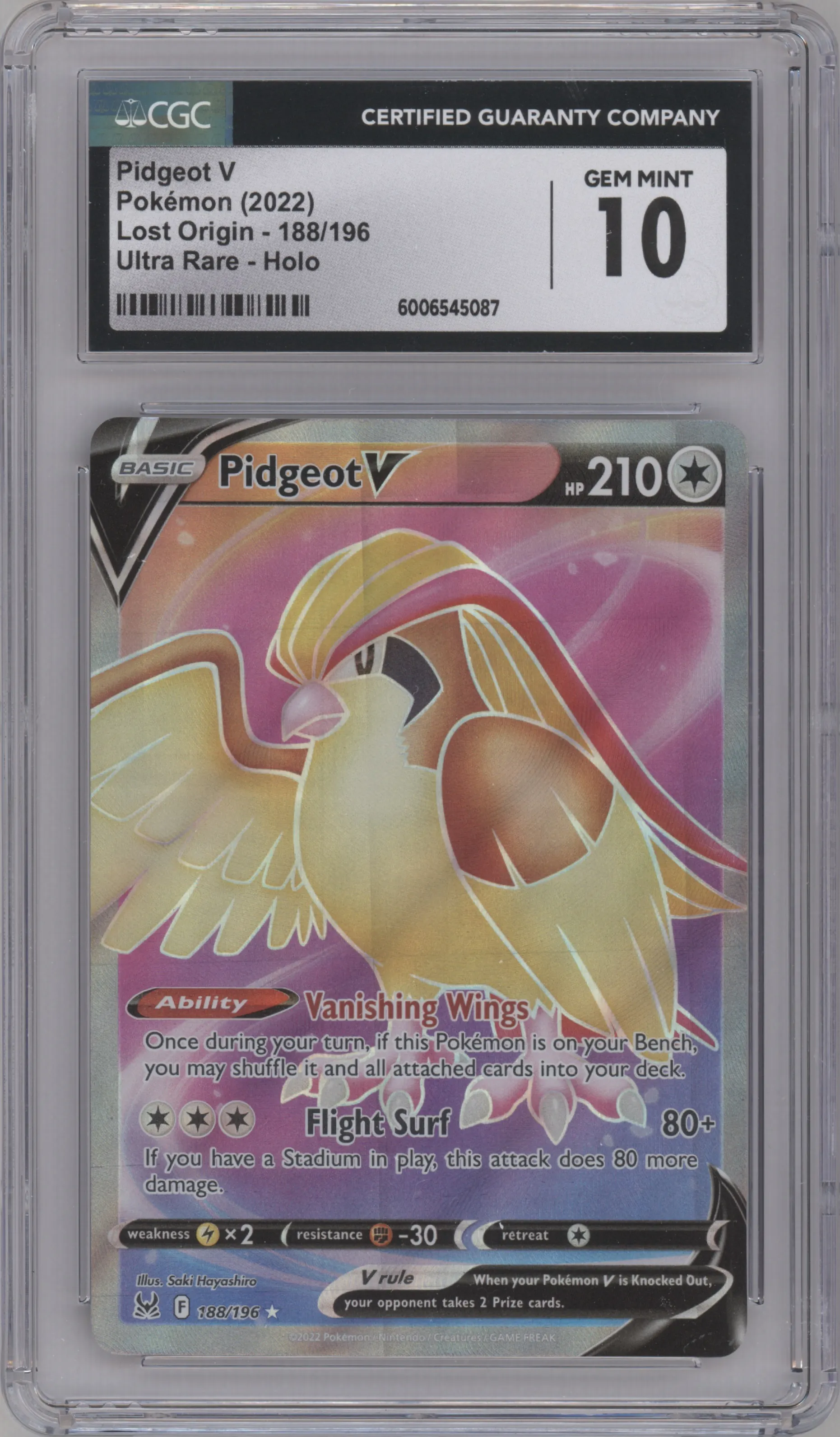 Pidgeot V from the 2022 Pokemon SWSH set graded by CSG and given an overall grade of 10.
