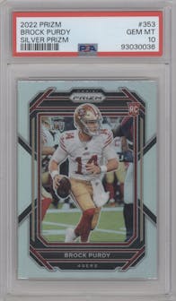 Brock Purdy from the 2022 Panini Prizm set featuring a Silver Prizm parallel graded by PSA and given an overall grade of 10.