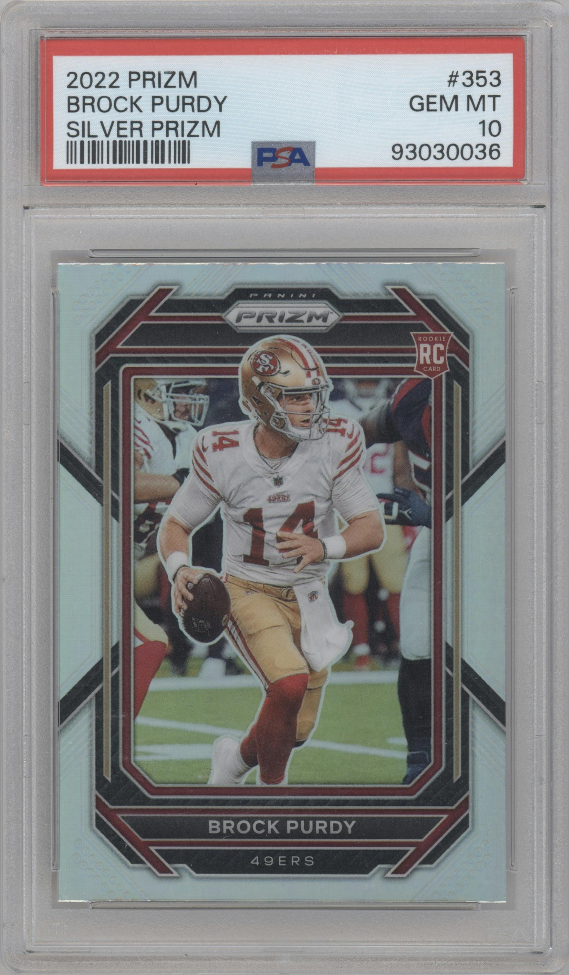 Brock Purdy from the 2022 Panini Prizm set featuring a Silver Prizm parallel graded by PSA and given an overall grade of 10.