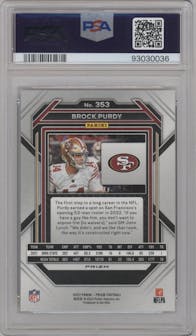 Brock Purdy from the 2022 Panini Prizm set featuring a Silver Prizm parallel graded by PSA and given an overall grade of 10.