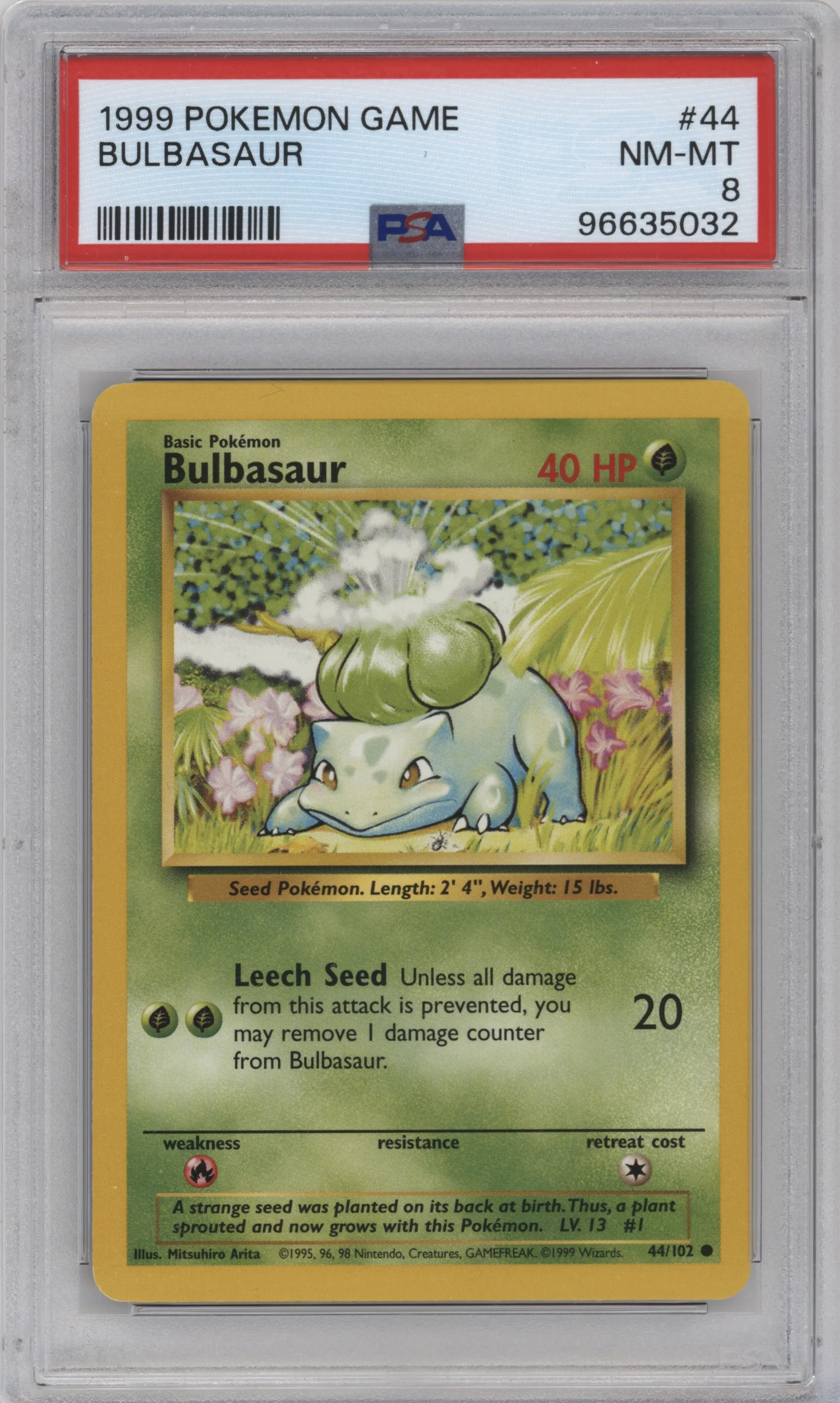 Bulbasaur from the 1999 Pokemon set graded by PSA and given an overall grade of 8.