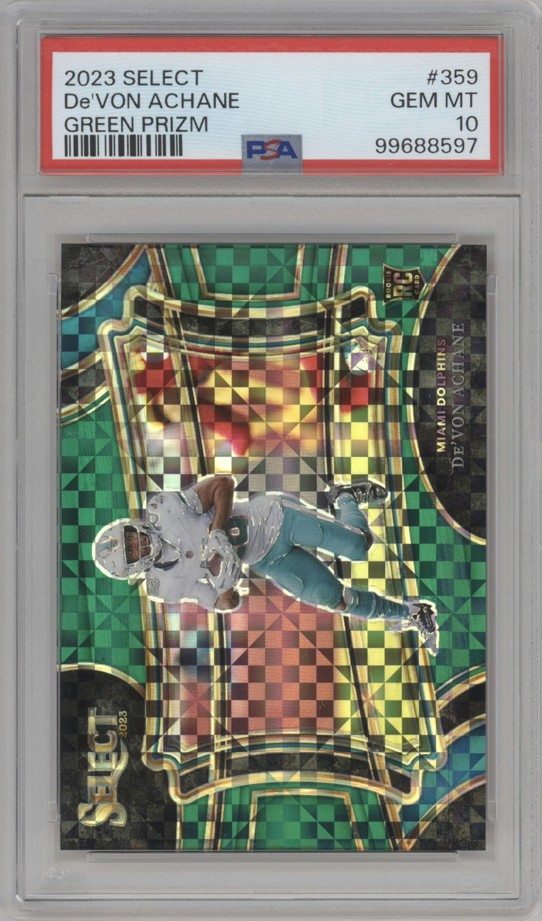 De'Von Achane from the 2023 Panini Select set featuring a Green Prizm parallel graded by PSA and given an overall grade of 10.