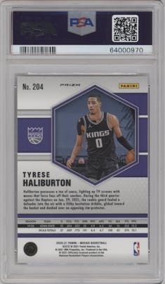 Tyrese Haliburton from the 2020-21 Panini Mosaic set featuring a Genesis  parallel graded by PSA and given an overall grade of 10.