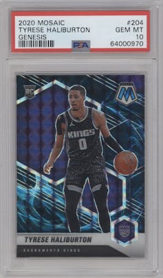 Tyrese Haliburton from the 2020-21 Panini Mosaic set featuring a Genesis  parallel graded by PSA and given an overall grade of 10.