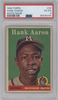 Hank Aaron from the 1958 Topps set featuring a White Name parallel graded by PSA and given an overall grade of 4.