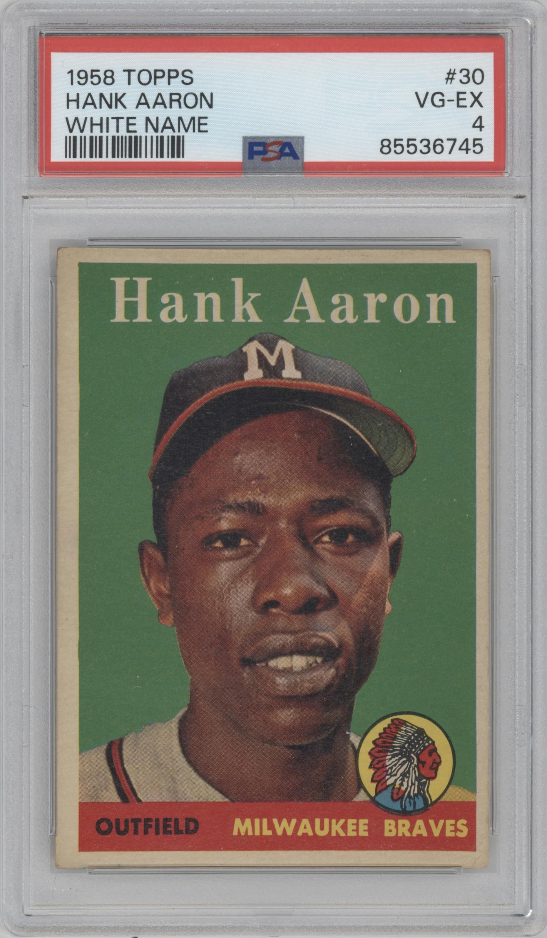 Hank Aaron from the 1958 Topps set featuring a White Name parallel graded by PSA and given an overall grade of 4.