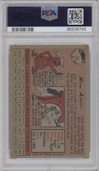 Hank Aaron from the 1958 Topps set featuring a White Name parallel graded by PSA and given an overall grade of 4.
