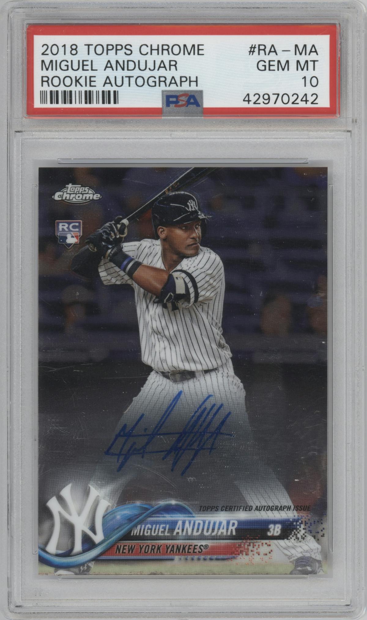 Miguel Andujar from the 2018 Topps Chrome set graded by PSA and given an overall grade of 10.
