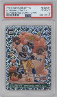Marshall Faulk from the 2023 Donruss Optic set graded by PSA and given an overall grade of 10.