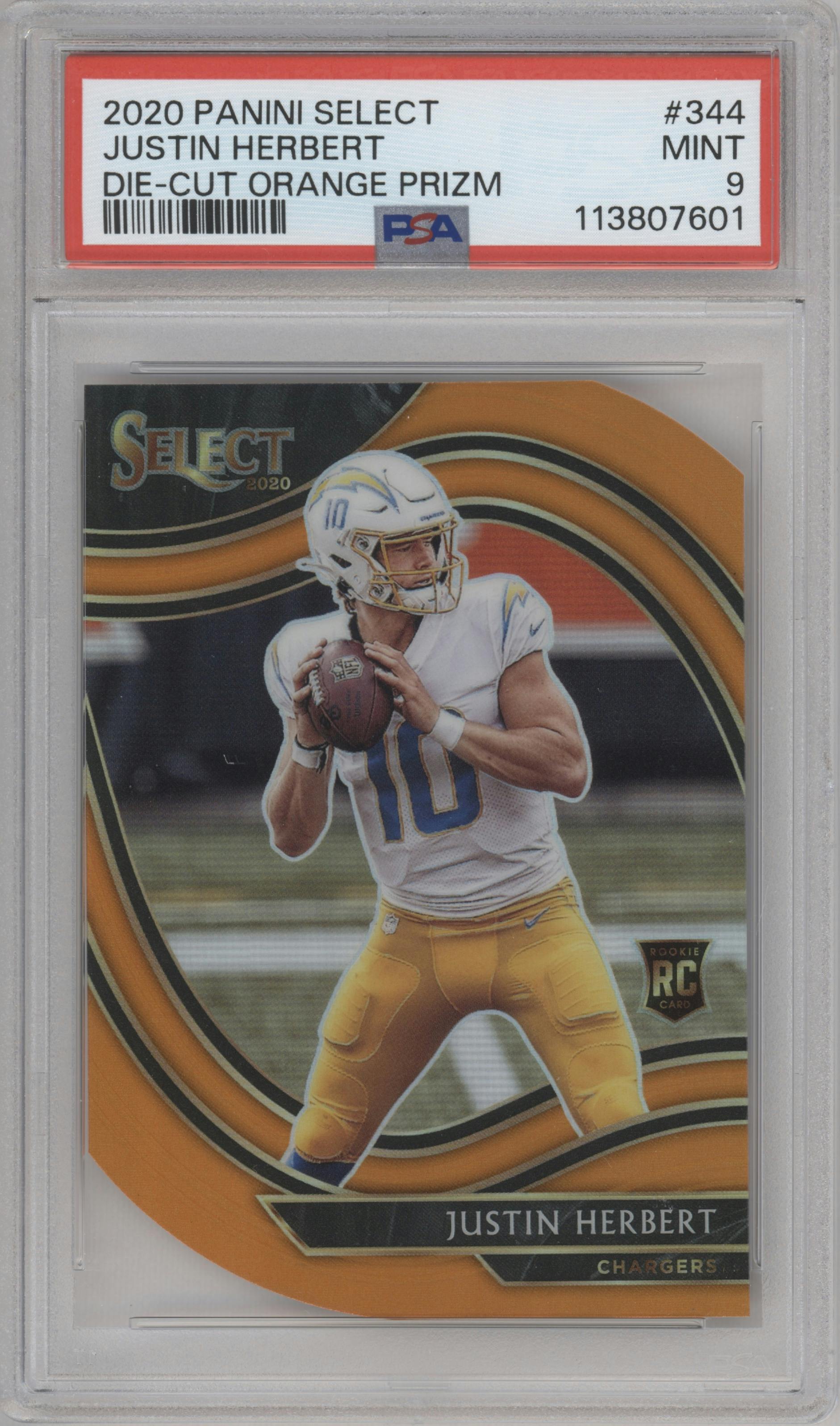 Justin Herbert from the 2020 Panini Select set featuring a Die-Cut Orange parallel graded by PSA and given an overall grade of 9.