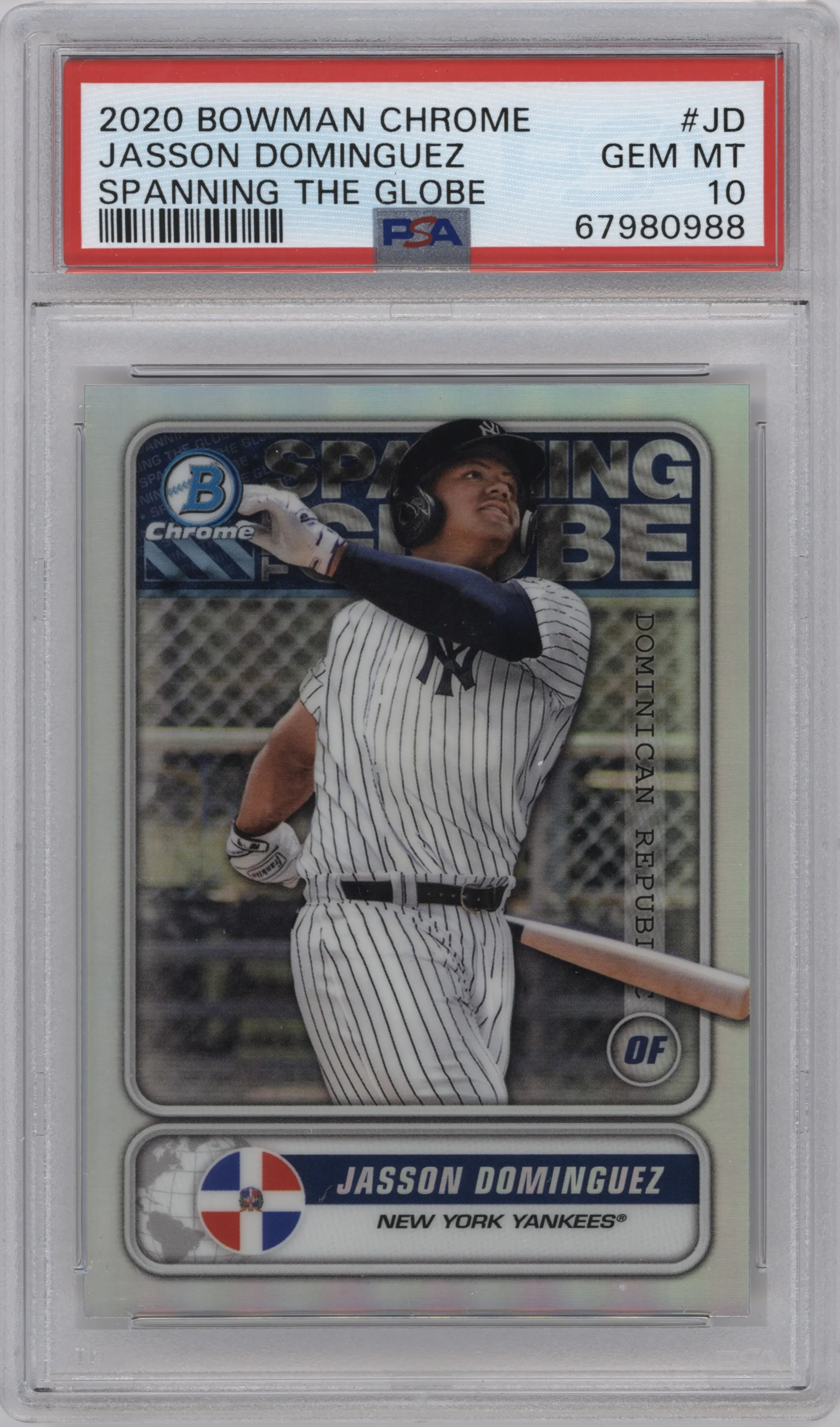 Jasson Dominguez from the 2020 Bowman set graded by PSA and given an overall grade of 10.