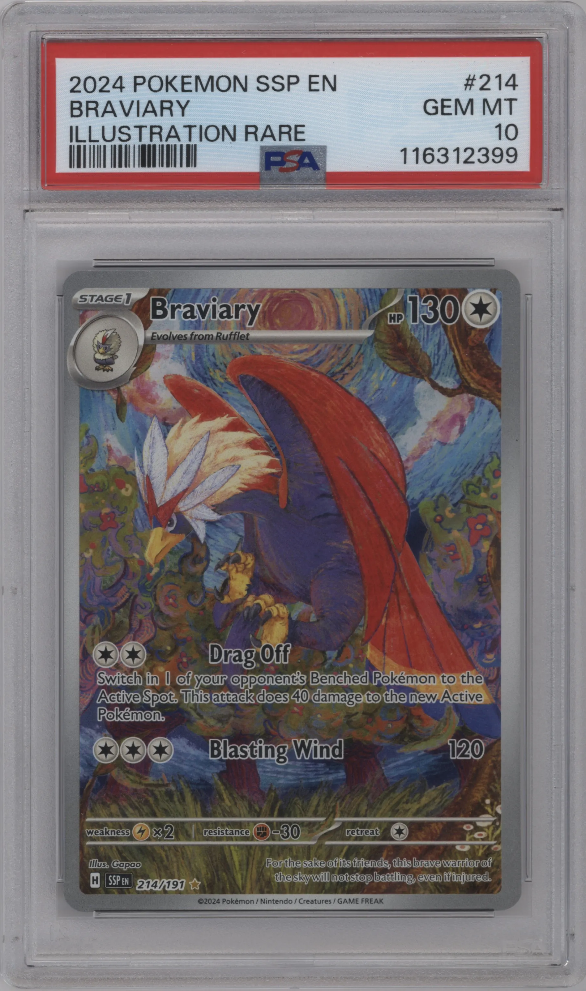 2024 Pokemon SV Surging Sparks Braviary #214 PSA 10