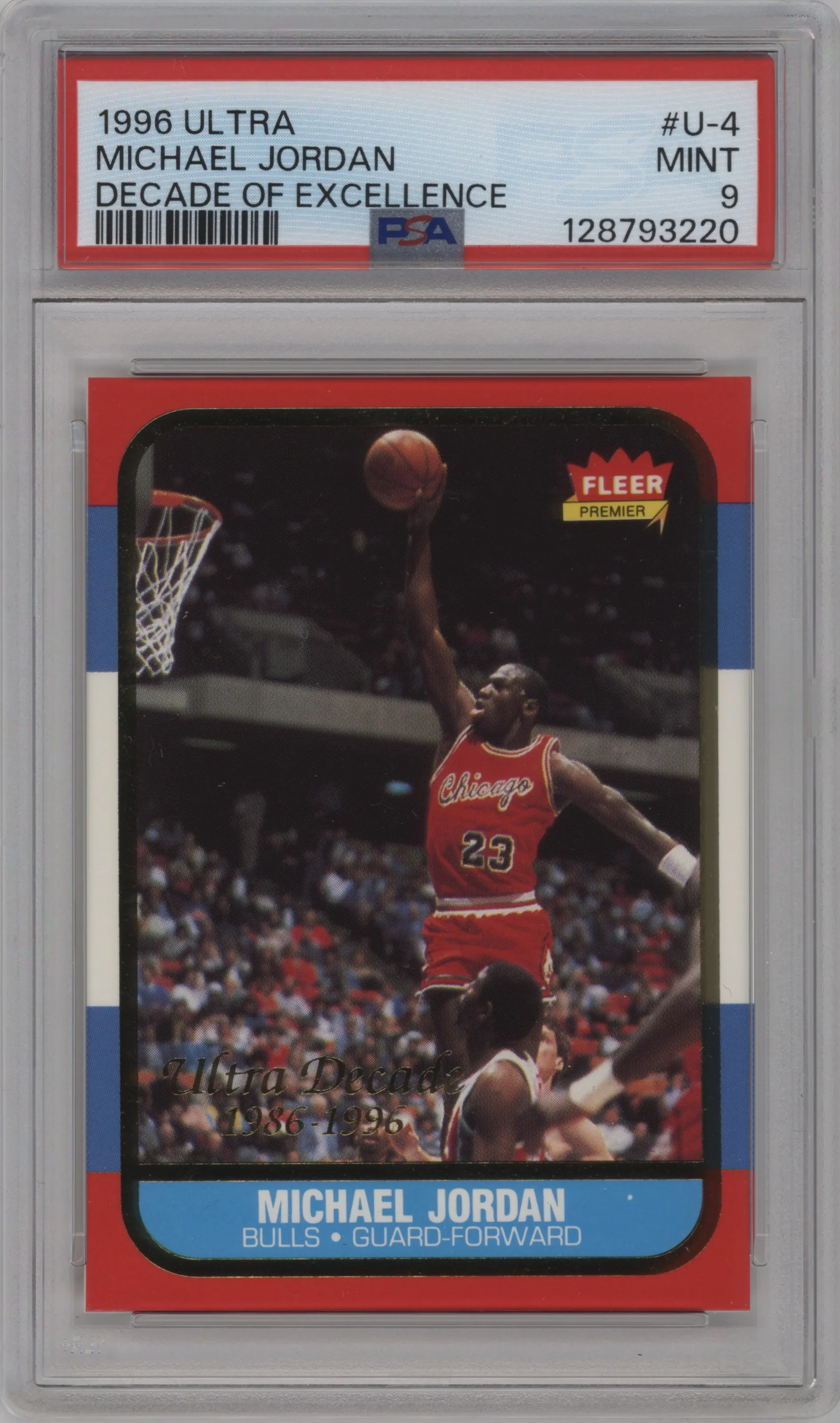 Michael Jordan from the 1996-97 Fleer Ultra set graded by PSA and given an overall grade of 9.
