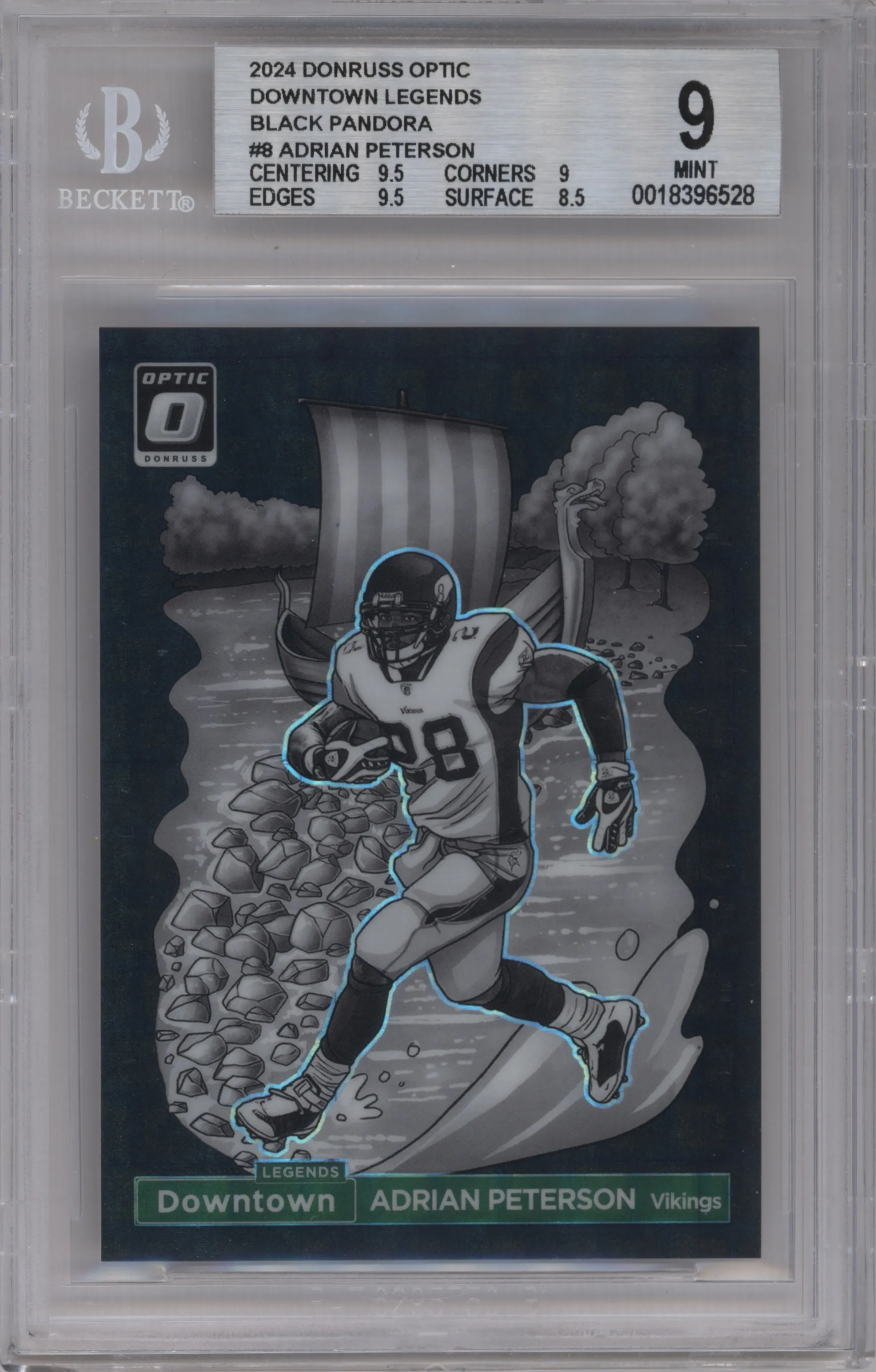 Adrian Peterson from the 2024 Donruss Optic set featuring a Black Pandora parallel graded by Beckett and given an overall grade of 9.