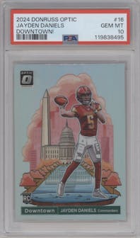 Jayden Daniels from the 2024 Donruss Optic set graded by PSA and given an overall grade of 10.