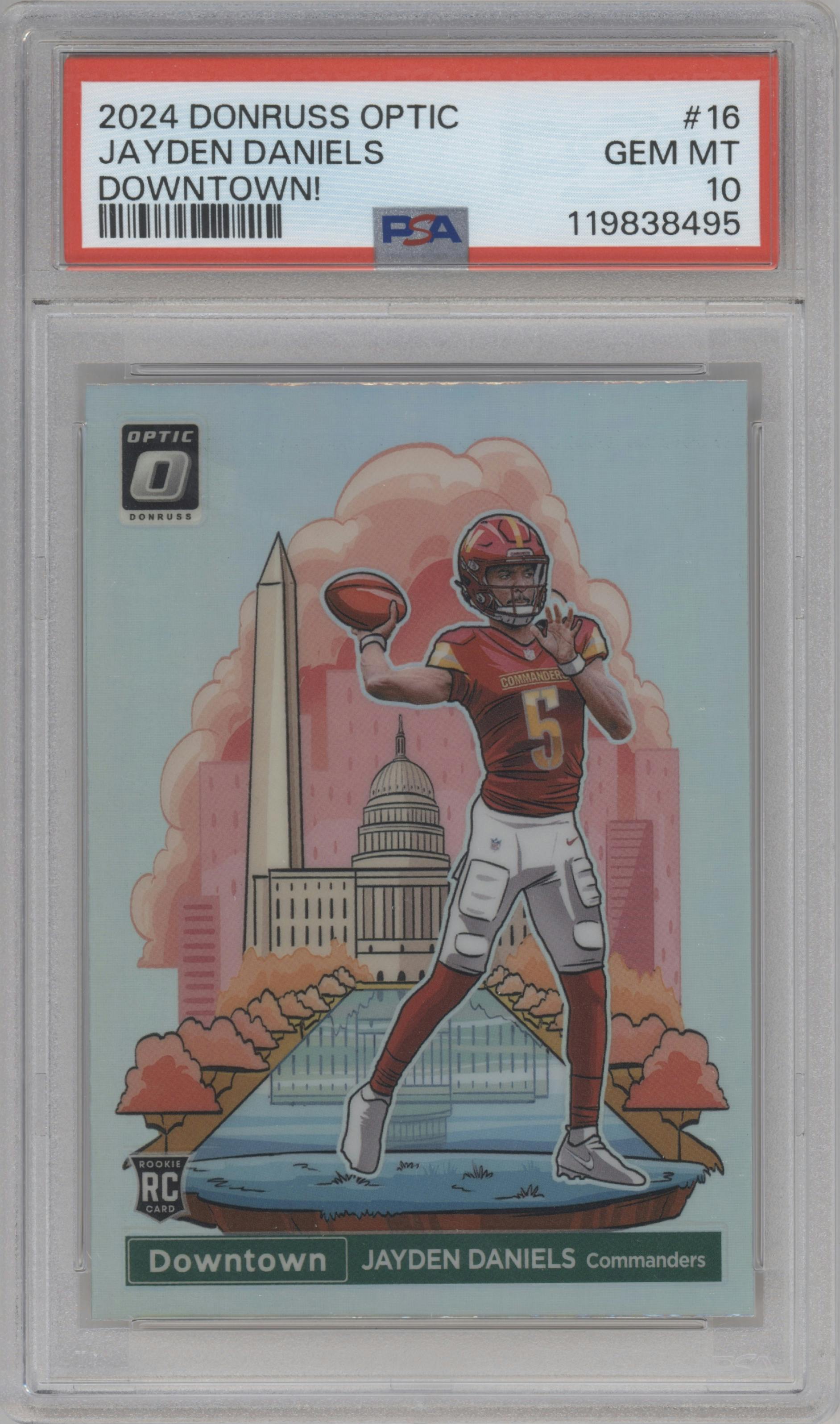 Jayden Daniels from the 2024 Donruss Optic set graded by PSA and given an overall grade of 10.