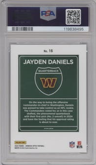 Jayden Daniels from the 2024 Donruss Optic set graded by PSA and given an overall grade of 10.