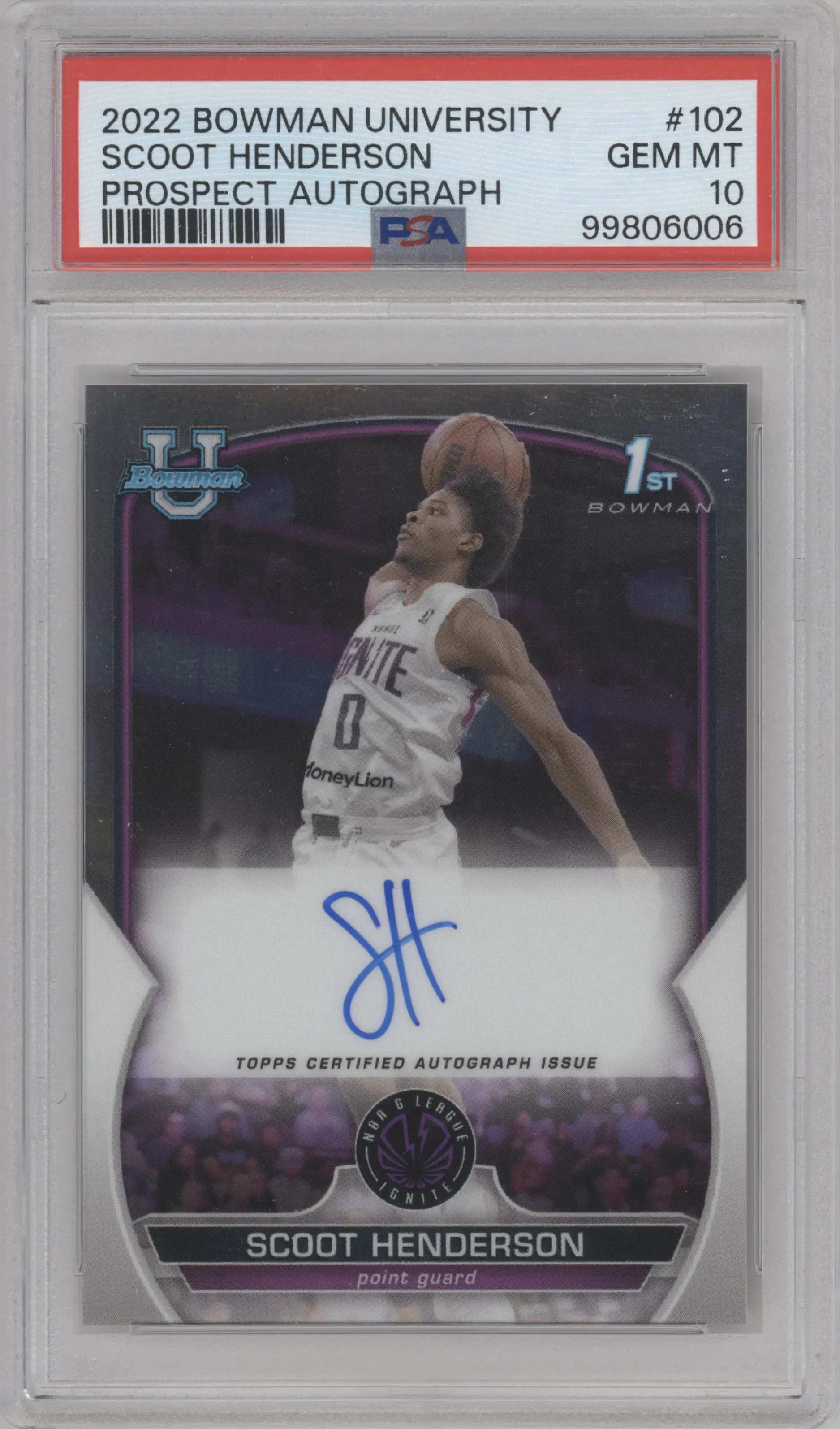 Scoot Henderson from the 2022-23 Bowman University Chrome set graded by PSA and given an overall grade of 10.